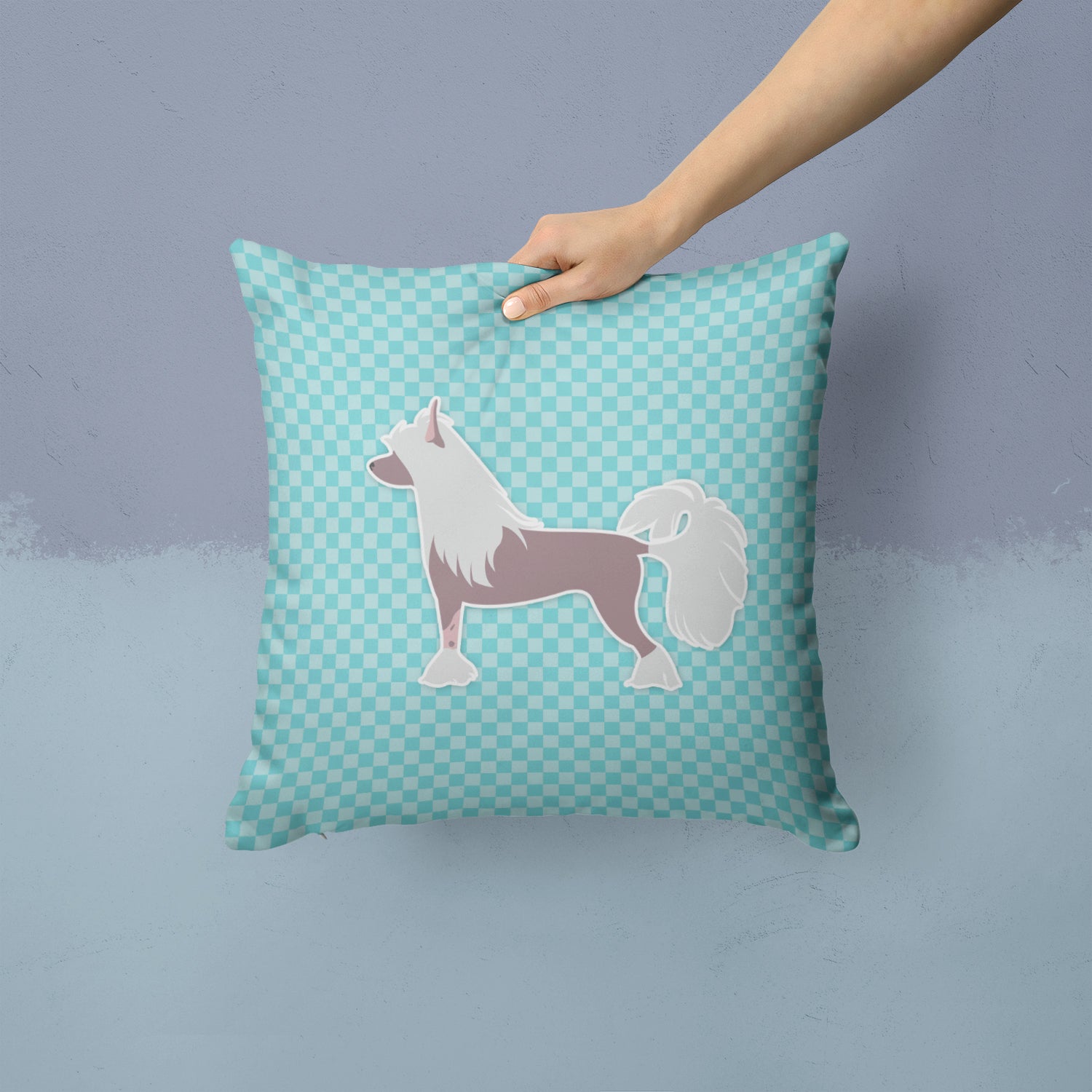 Chinese Crested Checkerboard Blue Fabric Decorative Pillow BB3743PW1414 - the-store.com