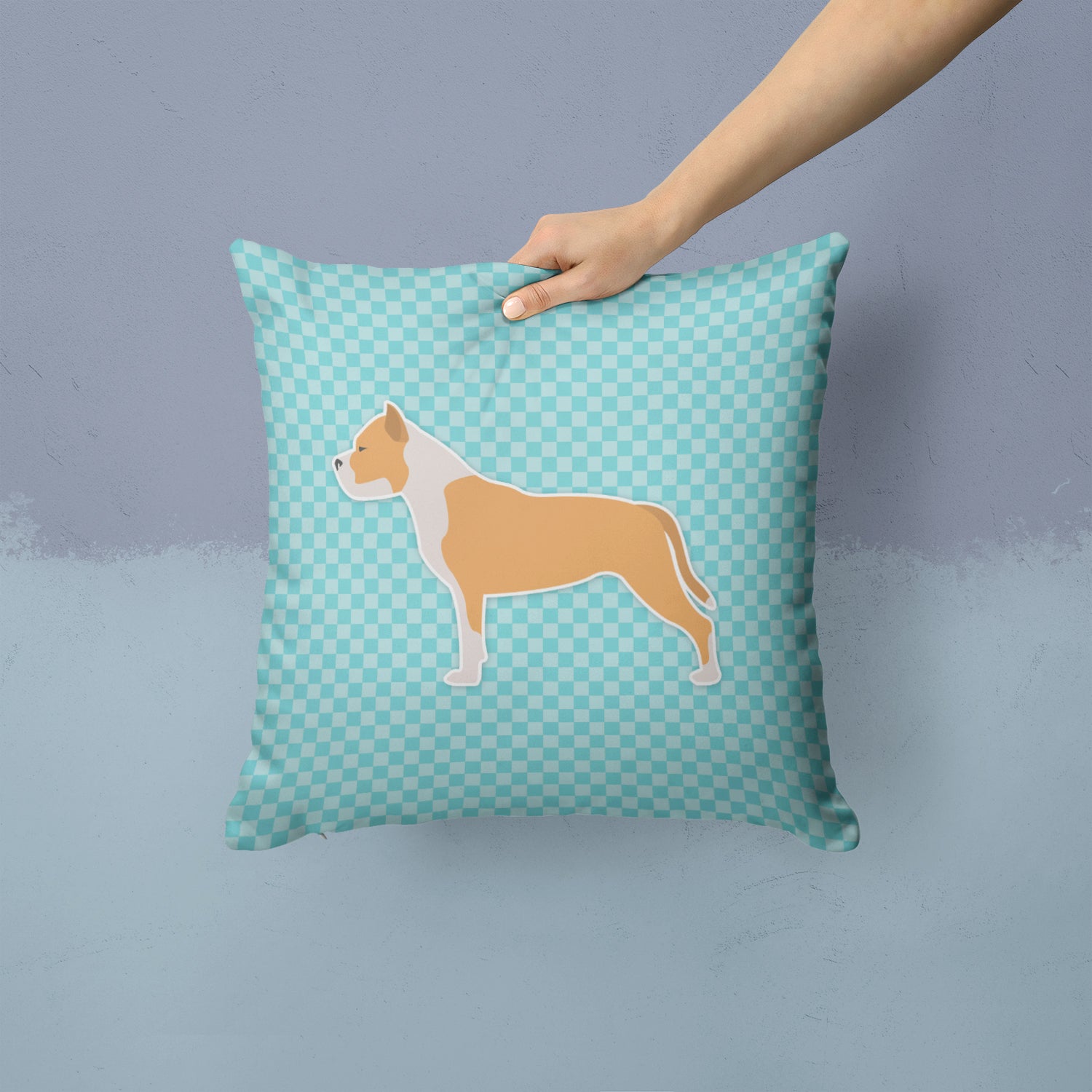 Staffordshire Bull Terrier Checkerboard Blue Fabric Decorative Pillow BB3754PW1414 - the-store.com