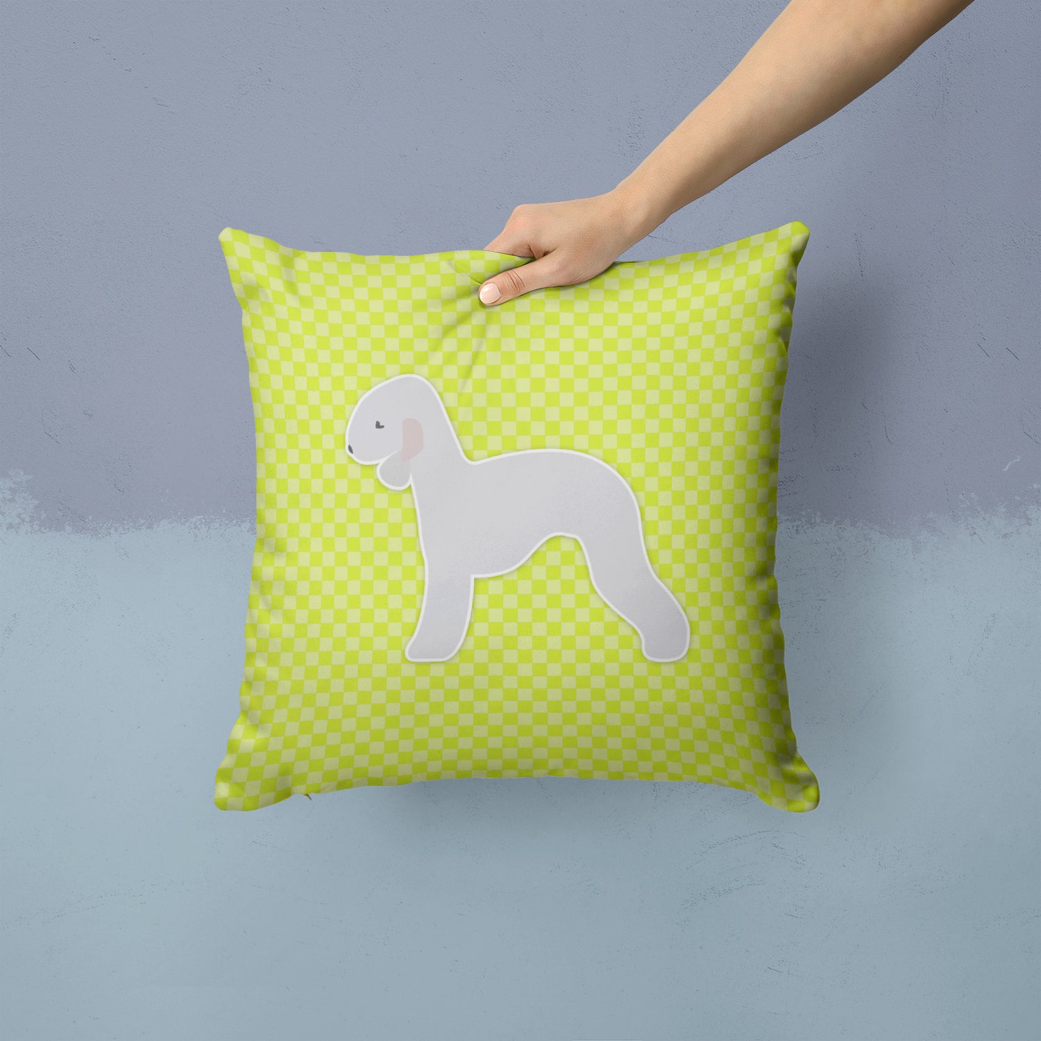 Bedlington Terrier Checkerboard Green Fabric Decorative Pillow BB3794PW1414 - the-store.com
