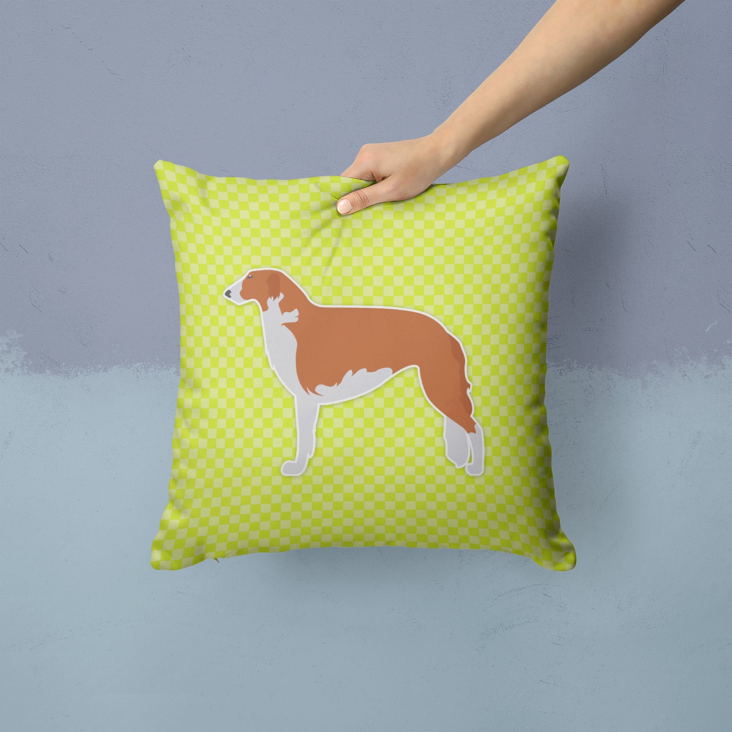 Borzoi Russian Greyhound Checkerboard Green Fabric Decorative Pillow BB3799PW1414 - the-store.com