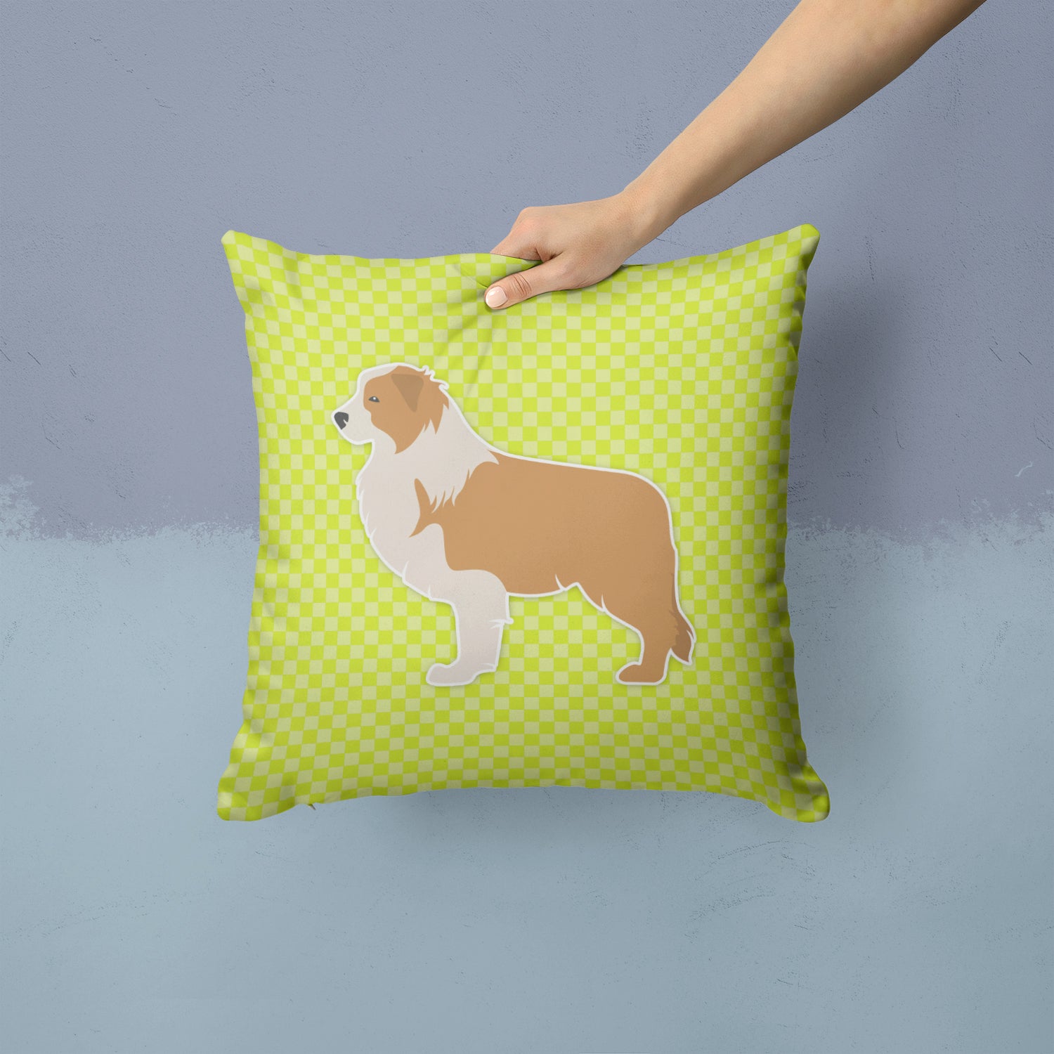 Red Border Collie Checkerboard Green Fabric Decorative Pillow BB3822PW1414 - the-store.com
