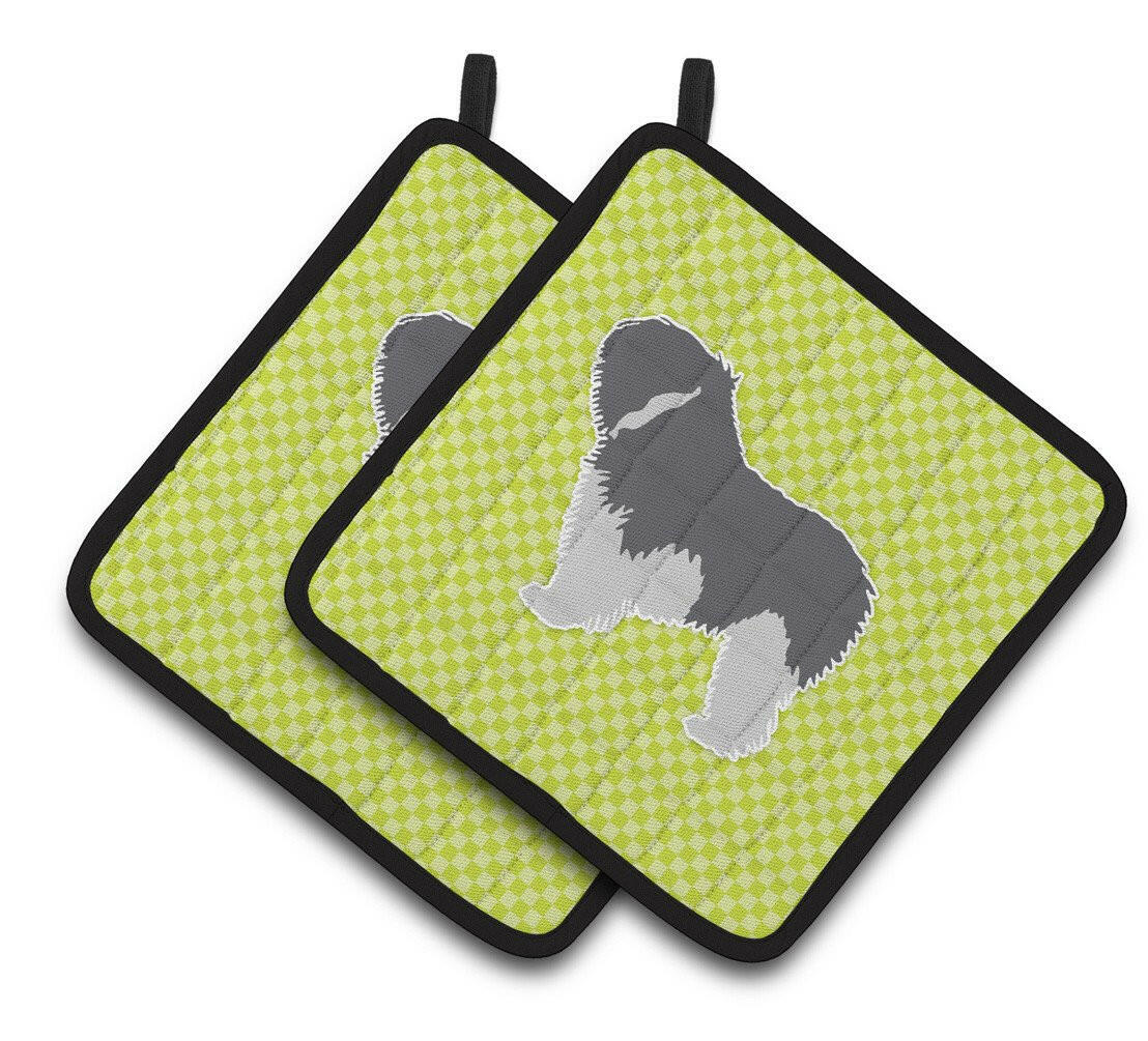 Polish Lowland Sheepdog Dog Checkerboard Green Pair of Pot Holders BB3832PTHD by Caroline&#39;s Treasures