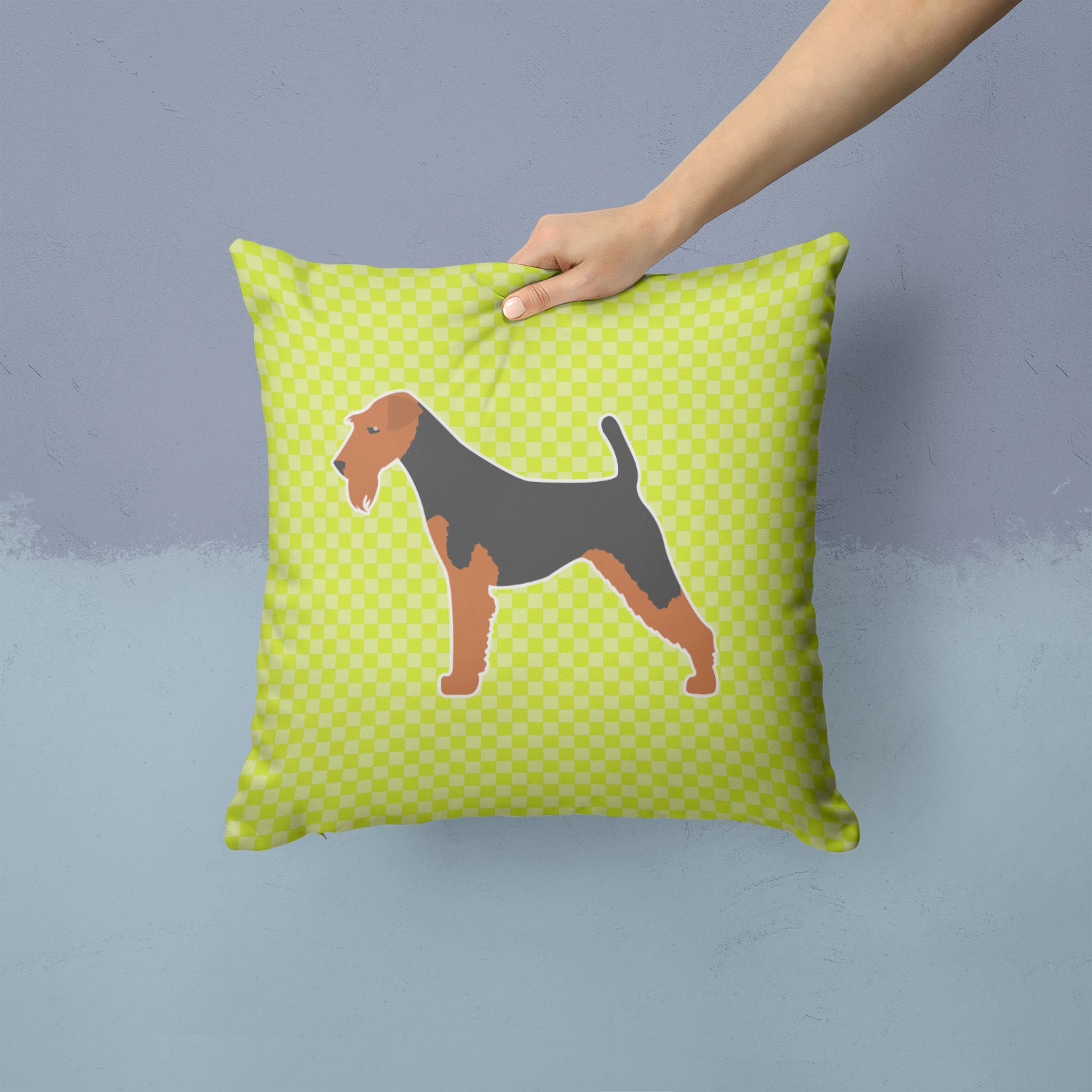 Airedale Terrier Checkerboard Green Fabric Decorative Pillow BB3857PW1414 - the-store.com