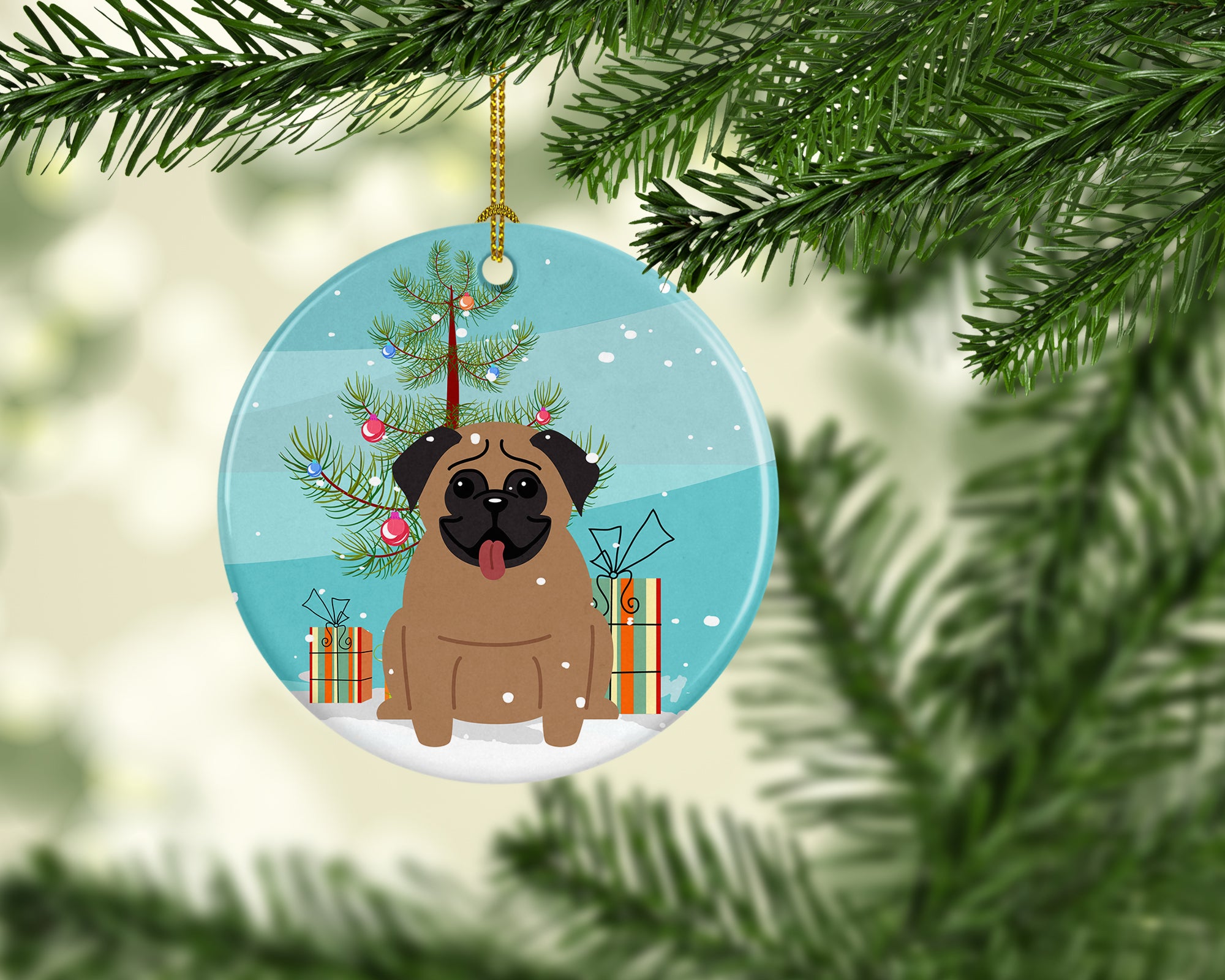 Merry Christmas Tree Pug Brown Ceramic Ornament BB4130CO1 - the-store.com