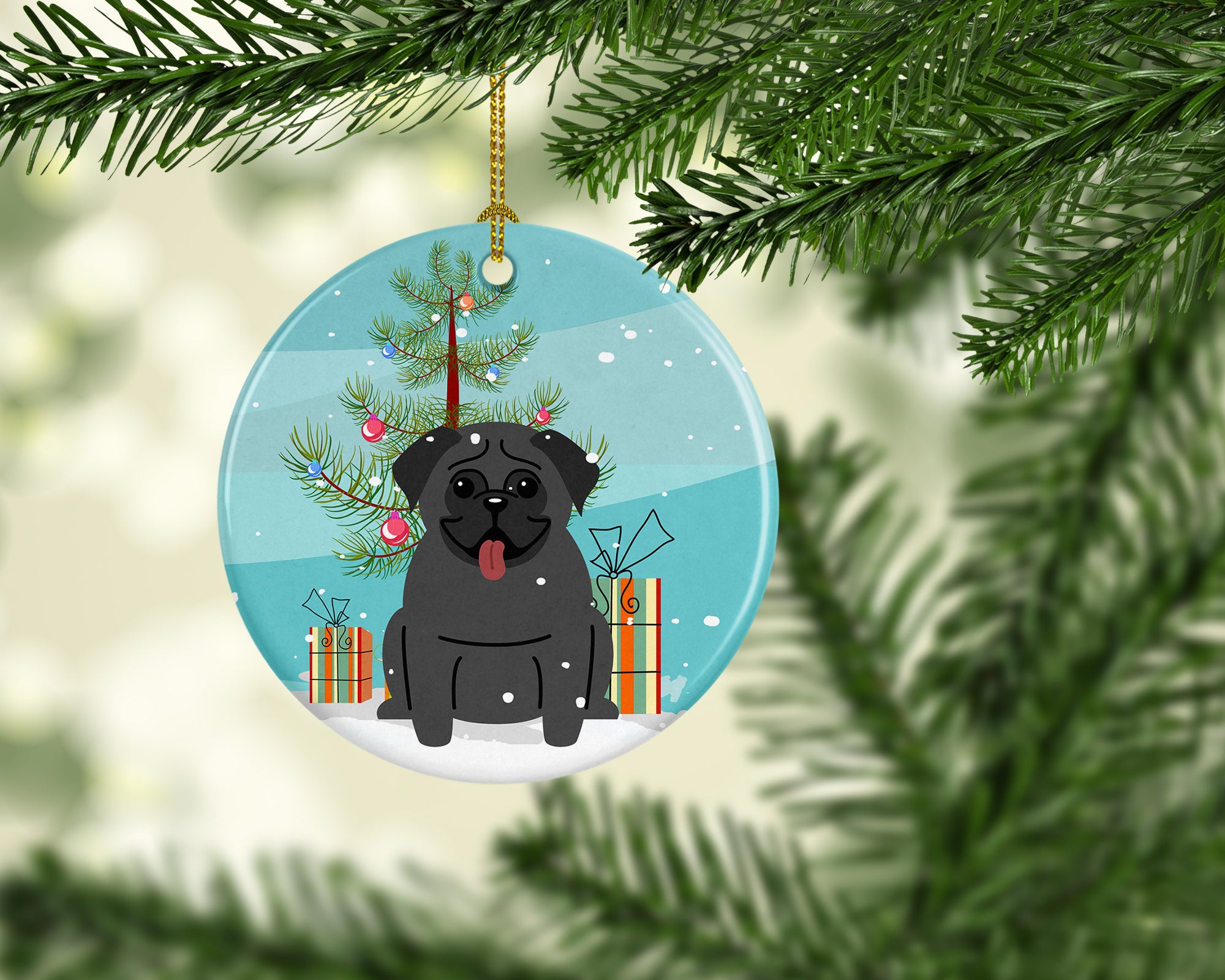 Merry Christmas Tree Pug Black Ceramic Ornament BB4131CO1 - the-store.com