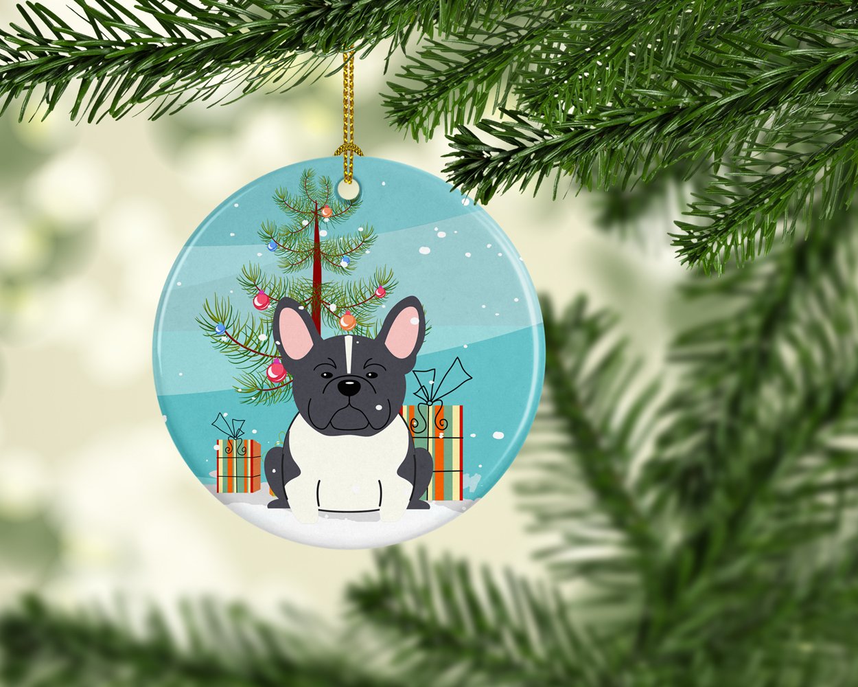 Merry Christmas Tree French Bulldog Black White Ceramic Ornament BB4137CO1 by Caroline's Treasures