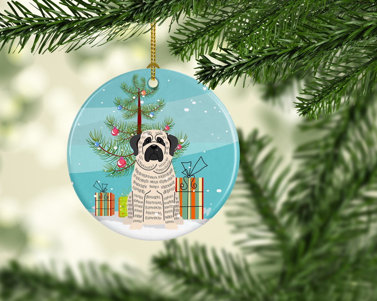 Merry Christmas Tree Mastiff Brindle White Ceramic Ornament BB4141CO1 by Caroline's Treasures