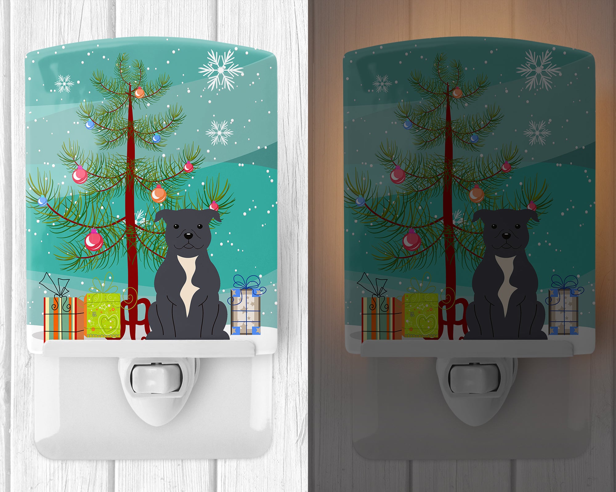 Merry Christmas Tree Staffordshire Bull Terrier Blue Ceramic Night Light BB4171CNL - the-store.com