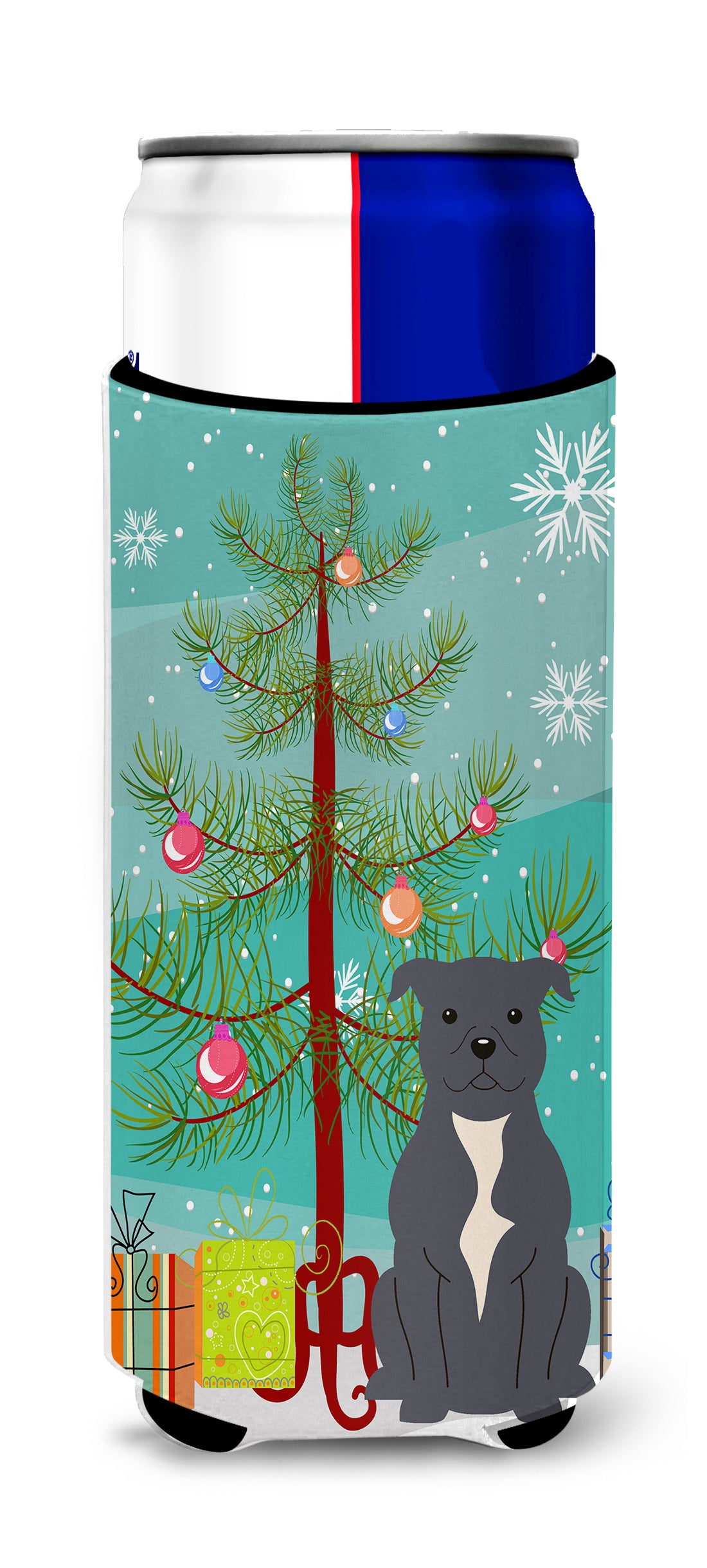 Merry Christmas Tree Staffordshire Bull Terrier Blue  Ultra Hugger for slim cans BB4171MUK