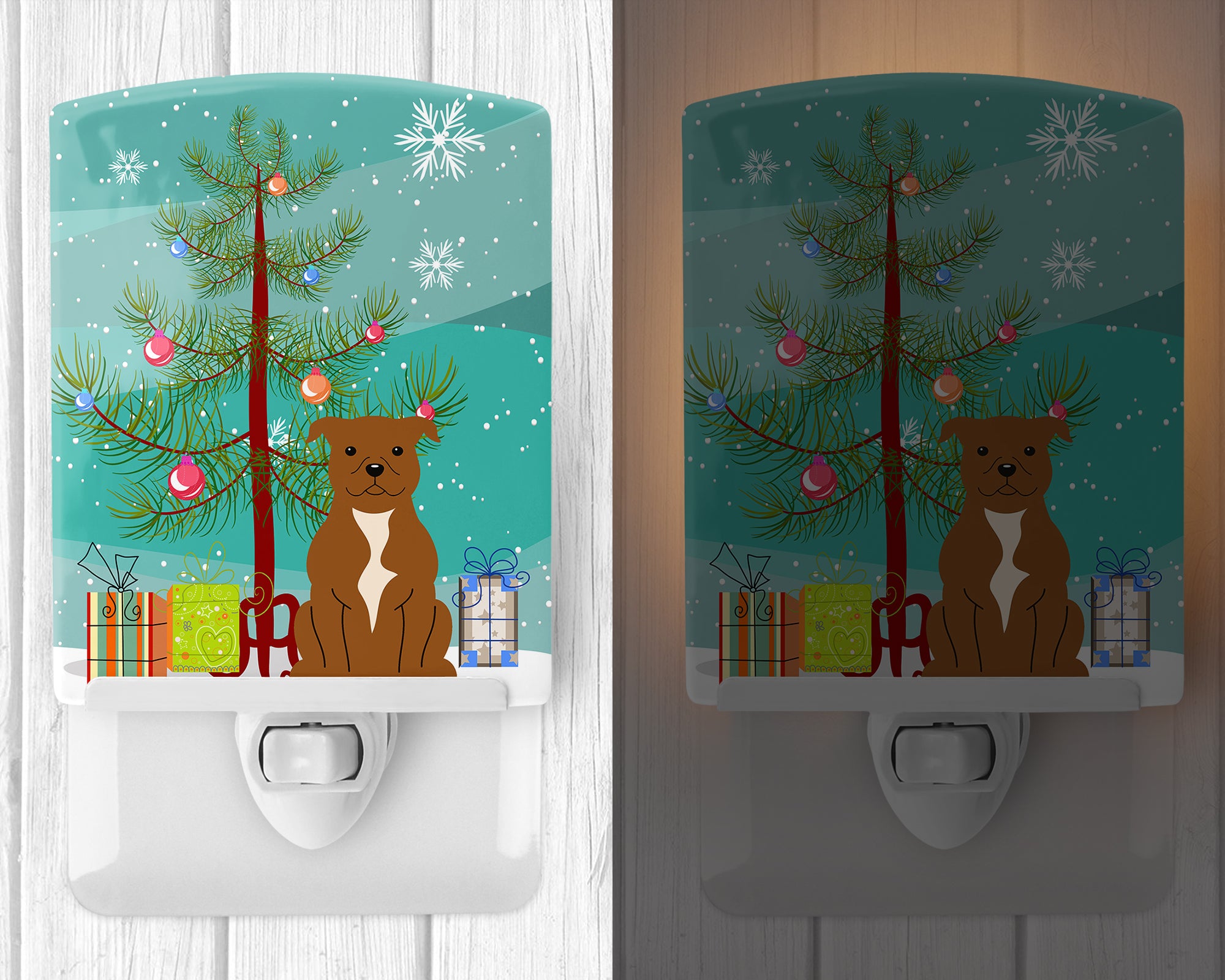 Merry Christmas Tree Staffordshire Bull Terrier Brown Ceramic Night Light BB4172CNL - the-store.com