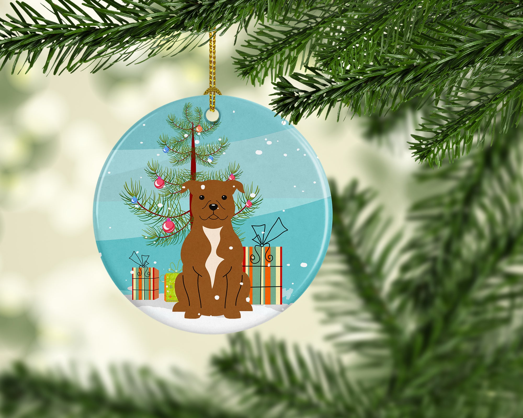 Merry Christmas Tree Staffordshire Bull Terrier Brown Ceramic Ornament BB4172CO1 - the-store.com