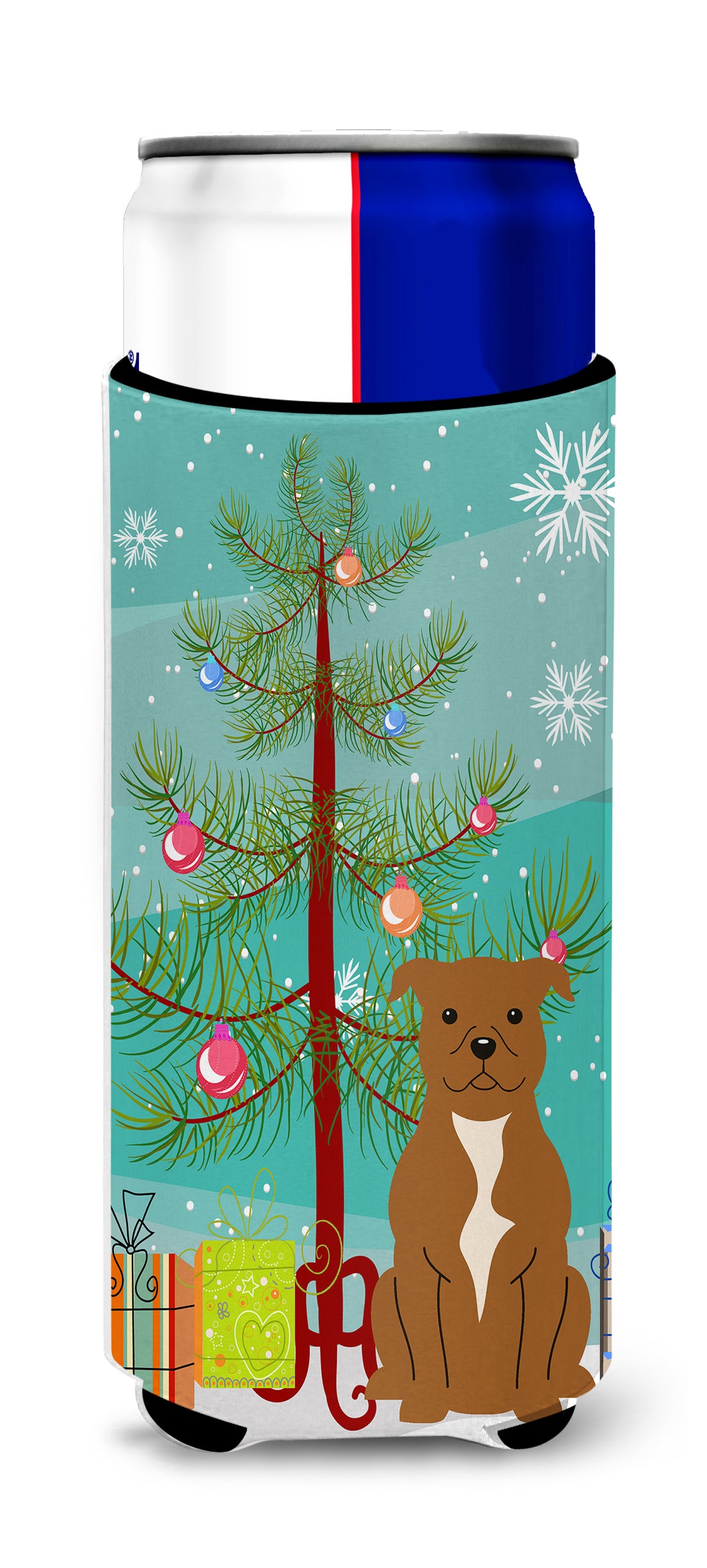Merry Christmas Tree Staffordshire Bull Terrier Brown  Ultra Hugger for slim cans BB4172MUK