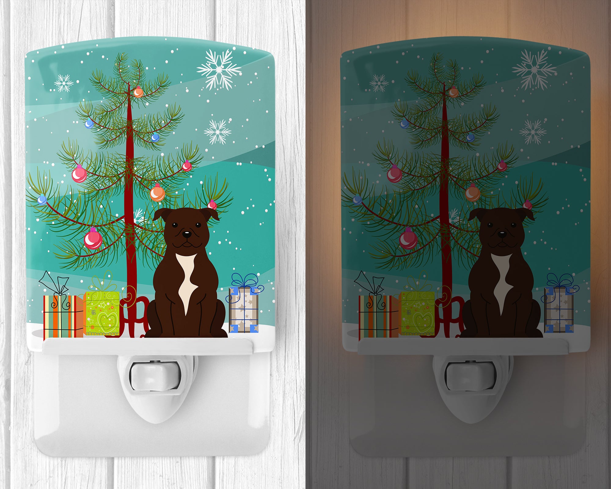 Merry Christmas Tree Staffordshire Bull Terrier Chocolate Ceramic Night Light BB4173CNL - the-store.com