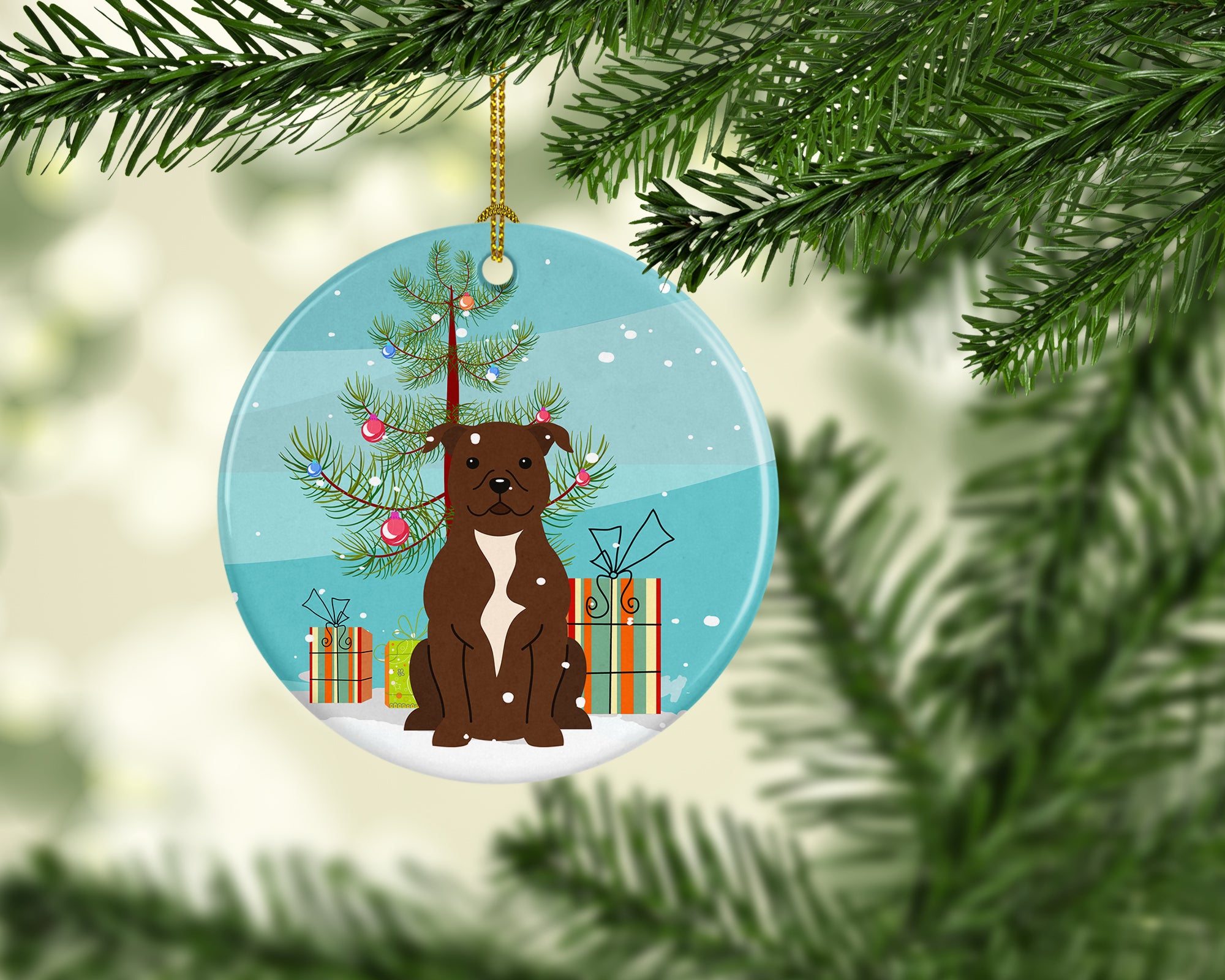 Merry Christmas Tree Staffordshire Bull Terrier Chocolate Ceramic Ornament BB4173CO1 - the-store.com