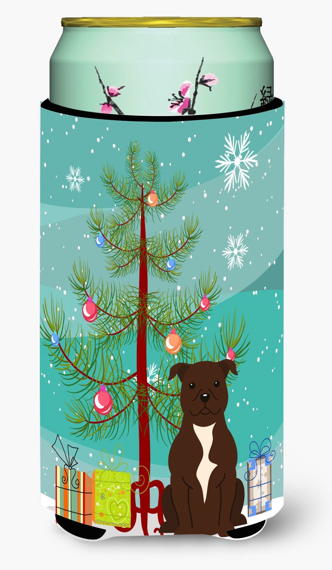Merry Christmas Tree Staffordshire Bull Terrier Chocolate Tall Boy Beverage Insulator Hugger BB4173TBC by Caroline's Treasures