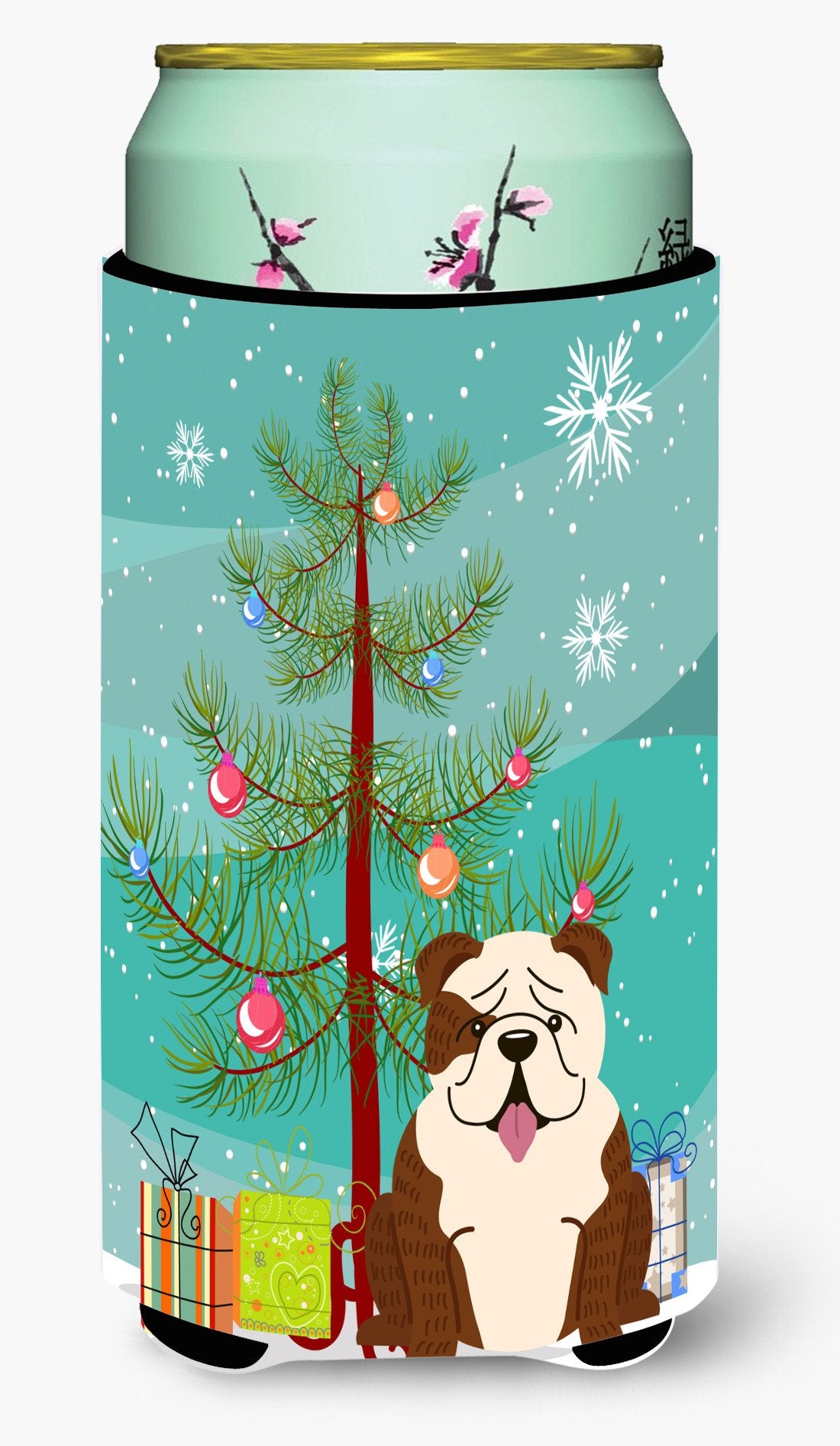 Merry Christmas Tree English Bulldog Brindle White Tall Boy Beverage Insulator Hugger BB4246TBC by Caroline's Treasures