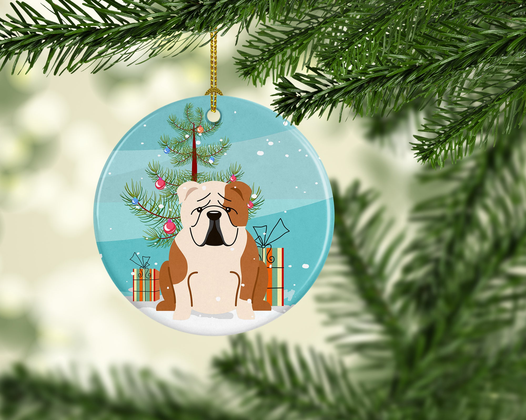 Merry Christmas Tree English Bulldog Fawn White Ceramic Ornament BB4250CO1 - the-store.com