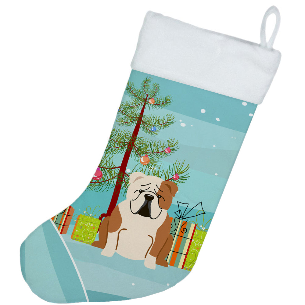 Merry Christmas Tree English Bulldog Fawn White Christmas Stocking BB4250CS