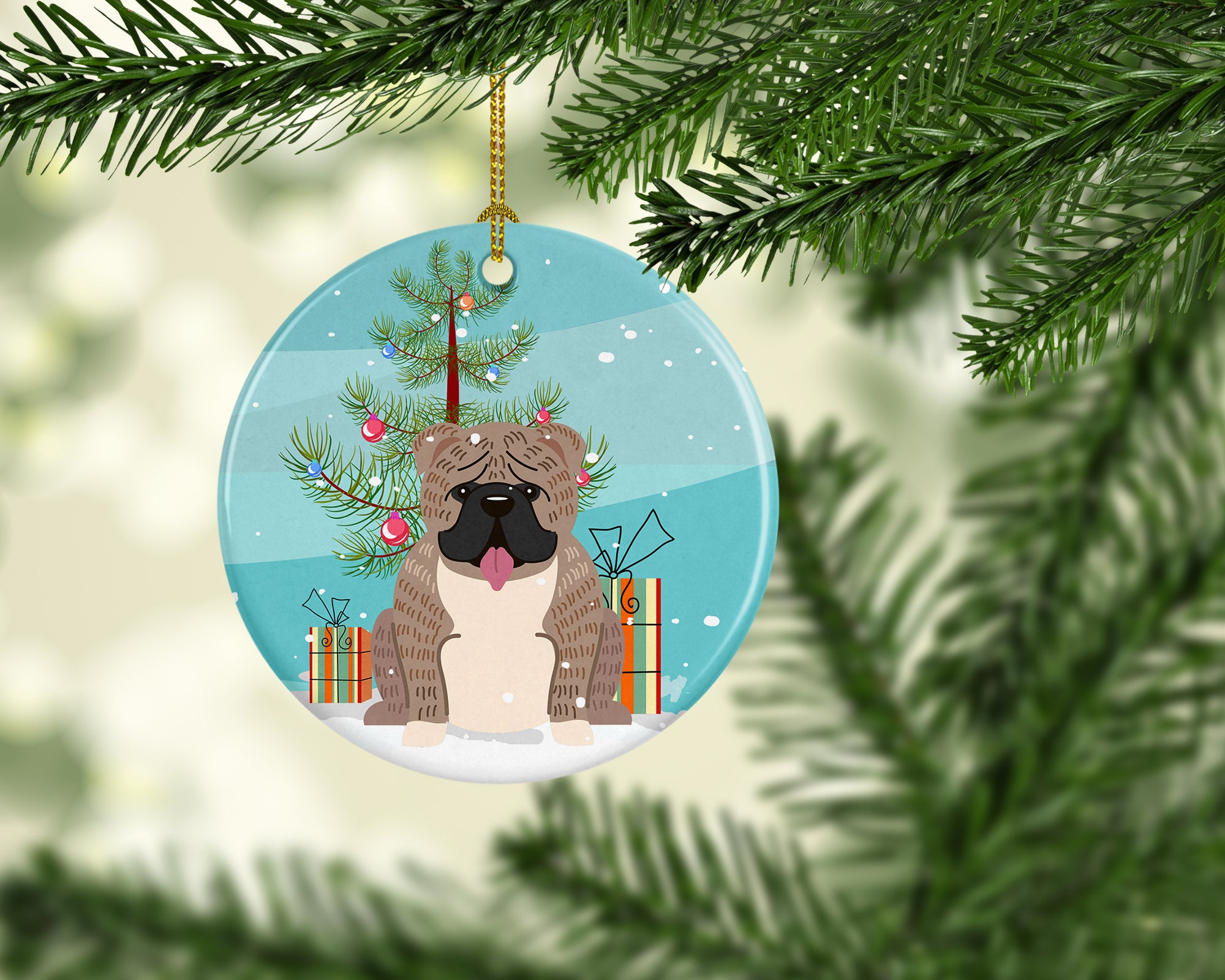 Merry Christmas Tree English Bulldog Grey Brindle  Ceramic Ornament BB4251CO1 - the-store.com