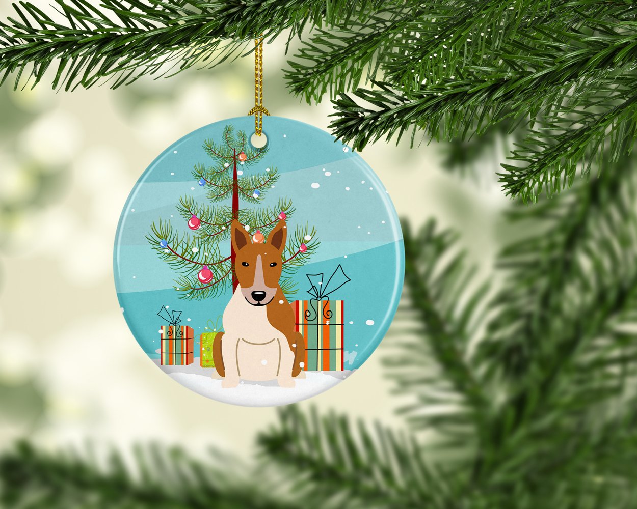 Merry Christmas Tree Bull Terrier Red White Ceramic Ornament BB4260CO1 by Caroline's Treasures
