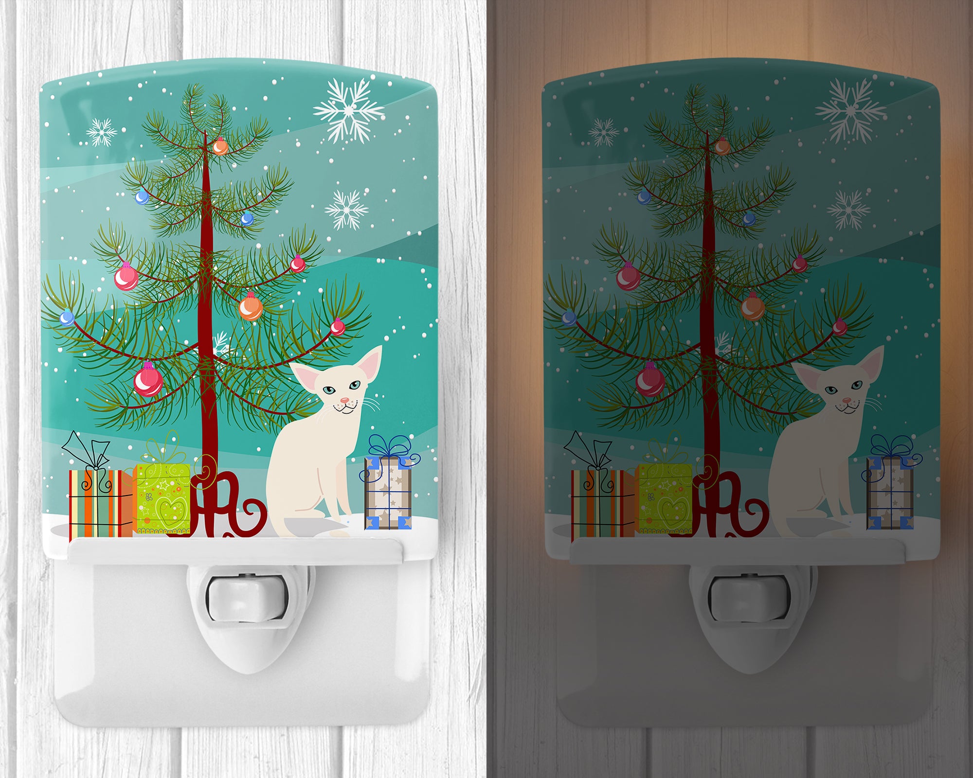 Foreign White Cat Merry Christmas Tree Ceramic Night Light BB4420CNL - the-store.com