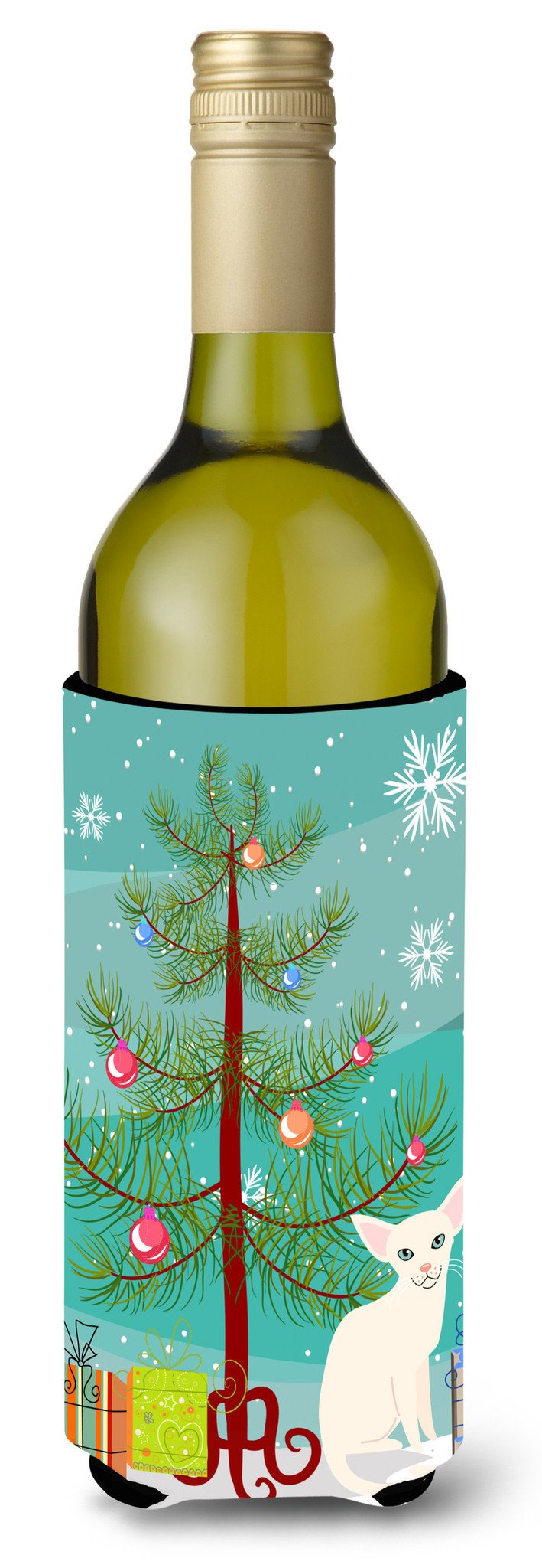 Foreign White Cat Merry Christmas Tree Wine Bottle Beverge Insulator Hugger BB4420LITERK by Caroline&#39;s Treasures