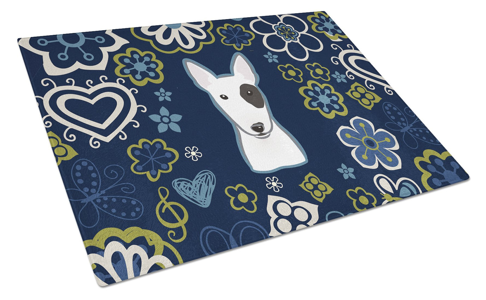 Blue Flowers Bull Terrier Glass Cutting Board Large BB5060LCB by Caroline's Treasures