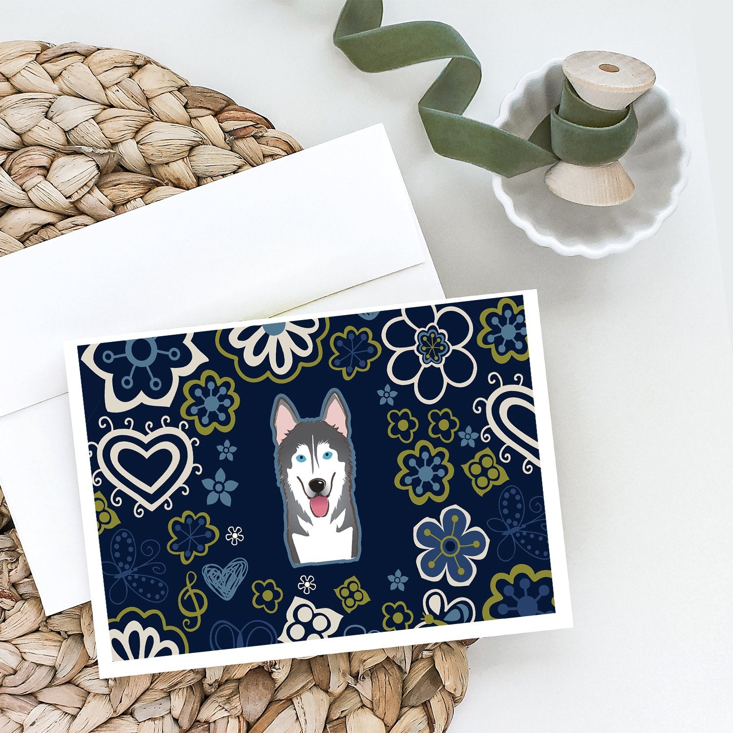 Buy this Blue Flowers Alaskan Malamute Greeting Cards and Envelopes Pack of 8