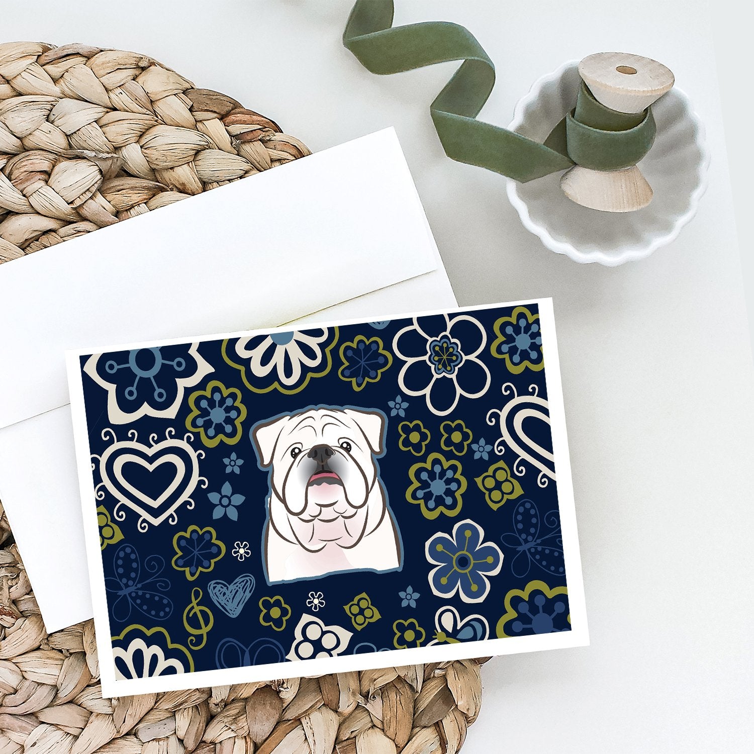 Buy this Blue Flowers White English Bulldog  Greeting Cards and Envelopes Pack of 8