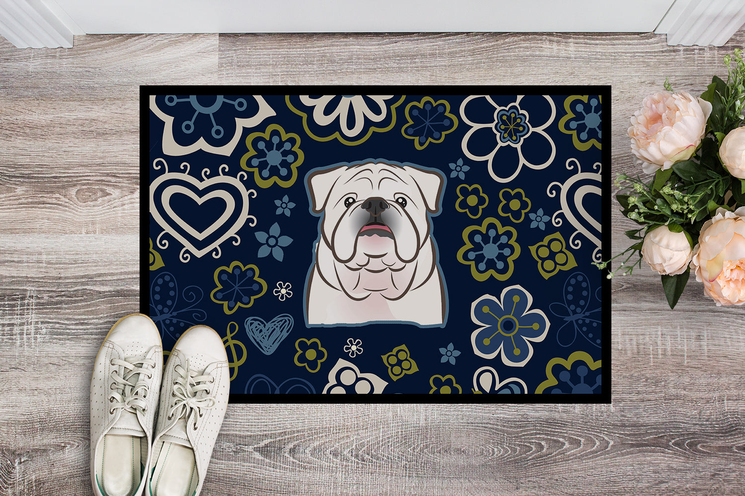 Blue Flowers White English Bulldog  Indoor or Outdoor Mat 18x27 BB5071MAT - the-store.com
