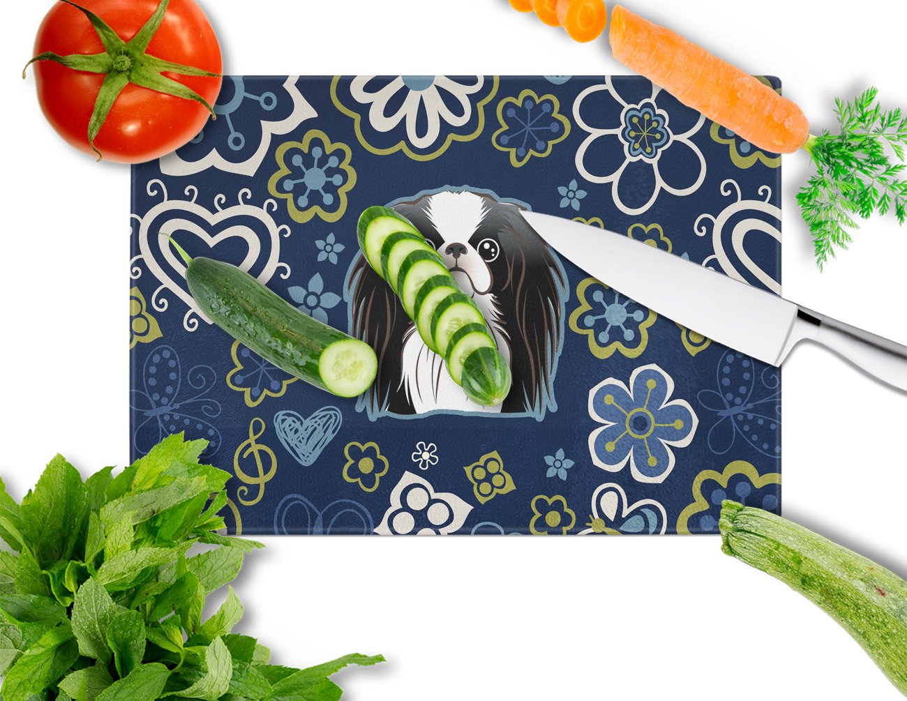 Blue Flowers Japanese Chin Glass Cutting Board Large BB5081LCB by Caroline's Treasures