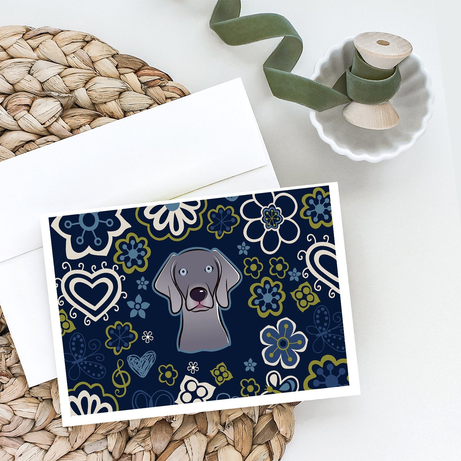 Buy this Blue Flowers Weimaraner Greeting Cards and Envelopes Pack of 8