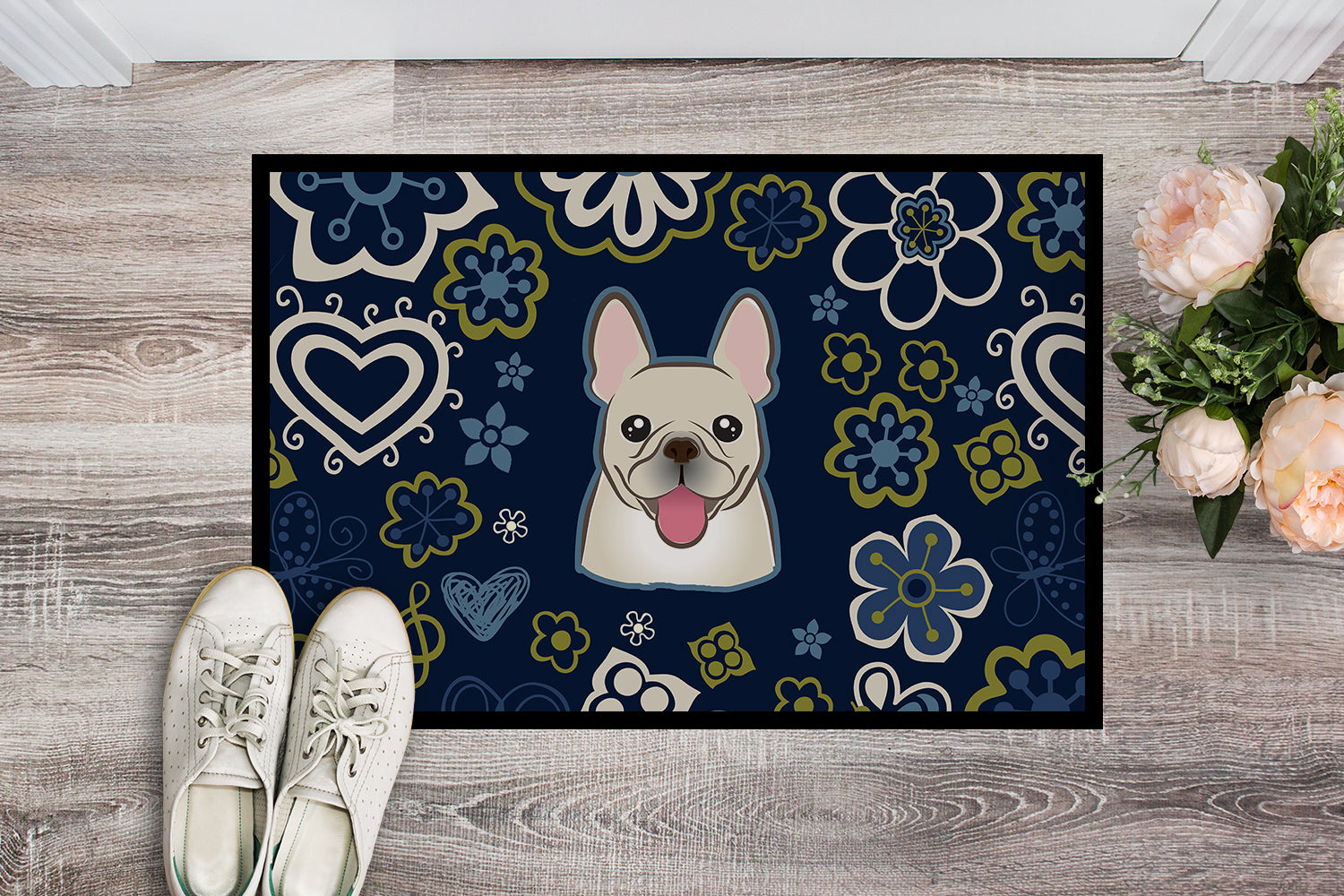 Blue Flowers French Bulldog Indoor or Outdoor Mat 18x27 BB5089MAT - the-store.com