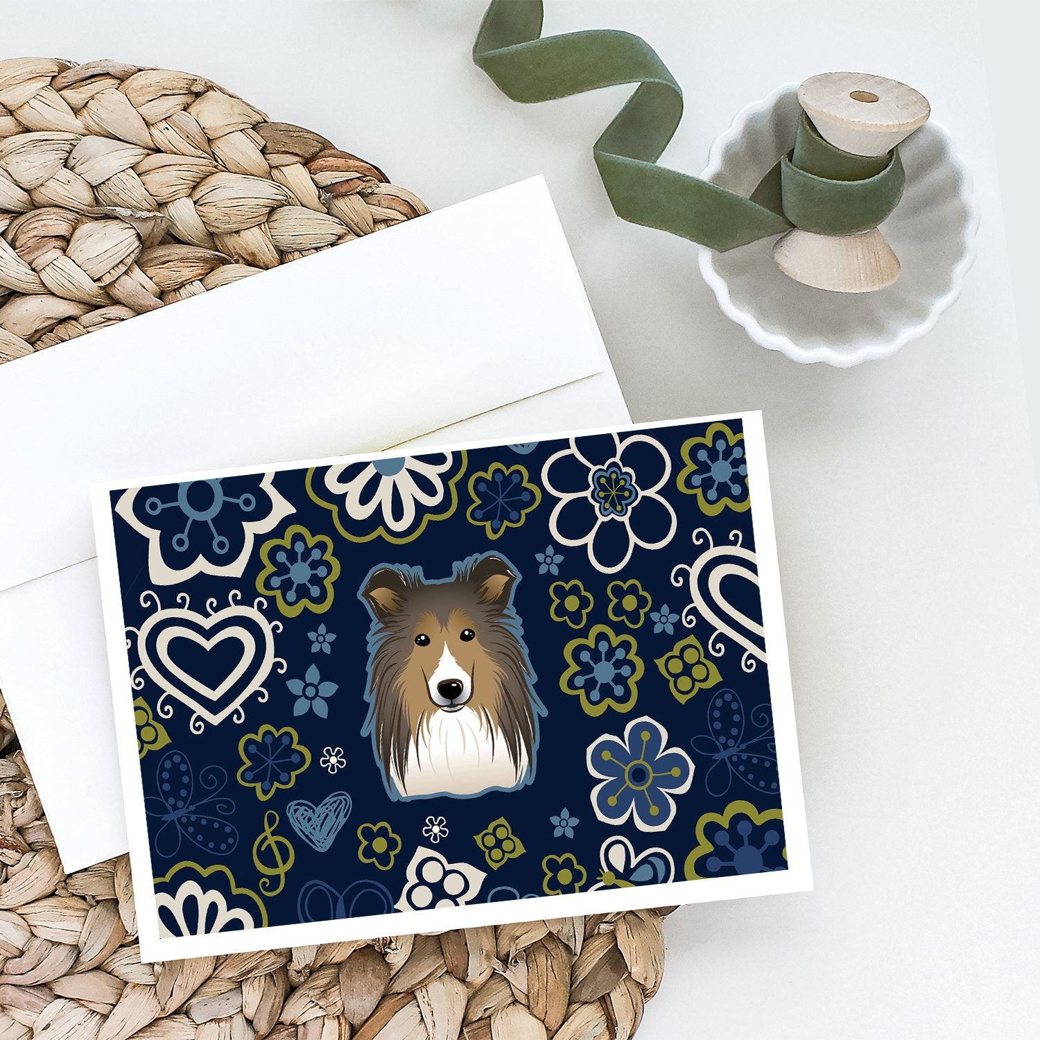 Buy this Blue Flowers Sheltie Greeting Cards and Envelopes Pack of 8