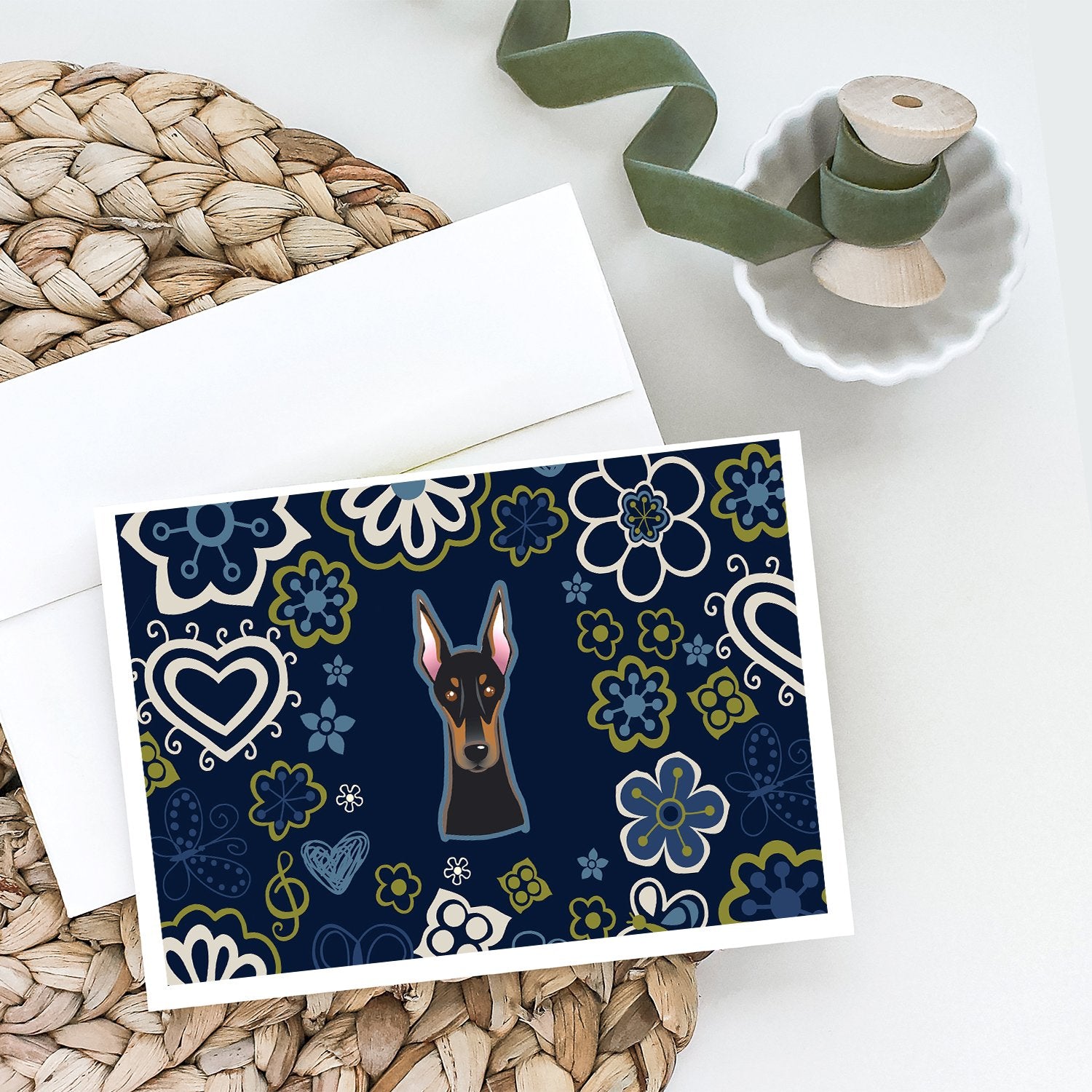 Buy this Blue Flowers Doberman Pinscher Greeting Cards and Envelopes Pack of 8