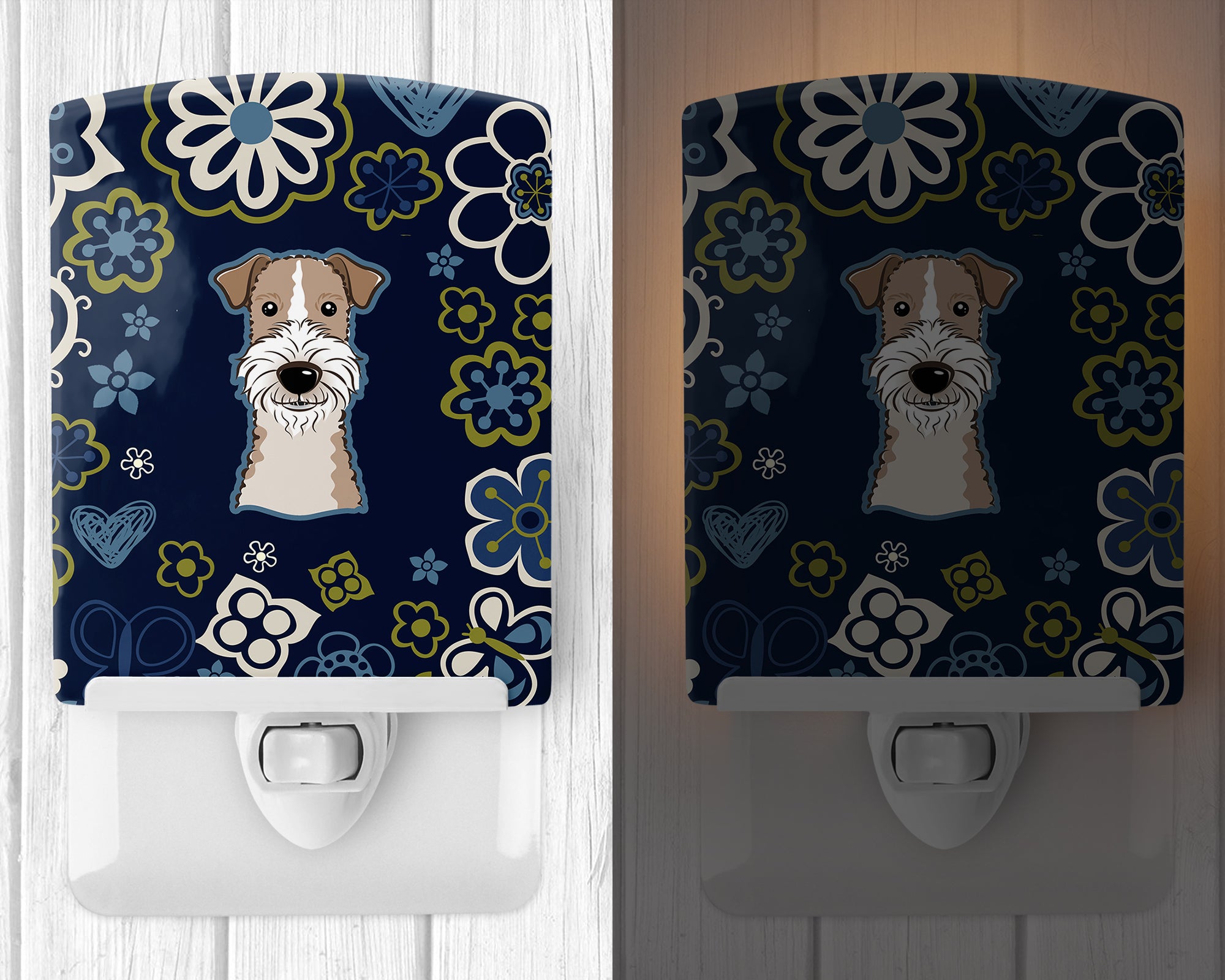 Blue Flowers Wire Haired Fox Terrier Ceramic Night Light BB5098CNL - the-store.com