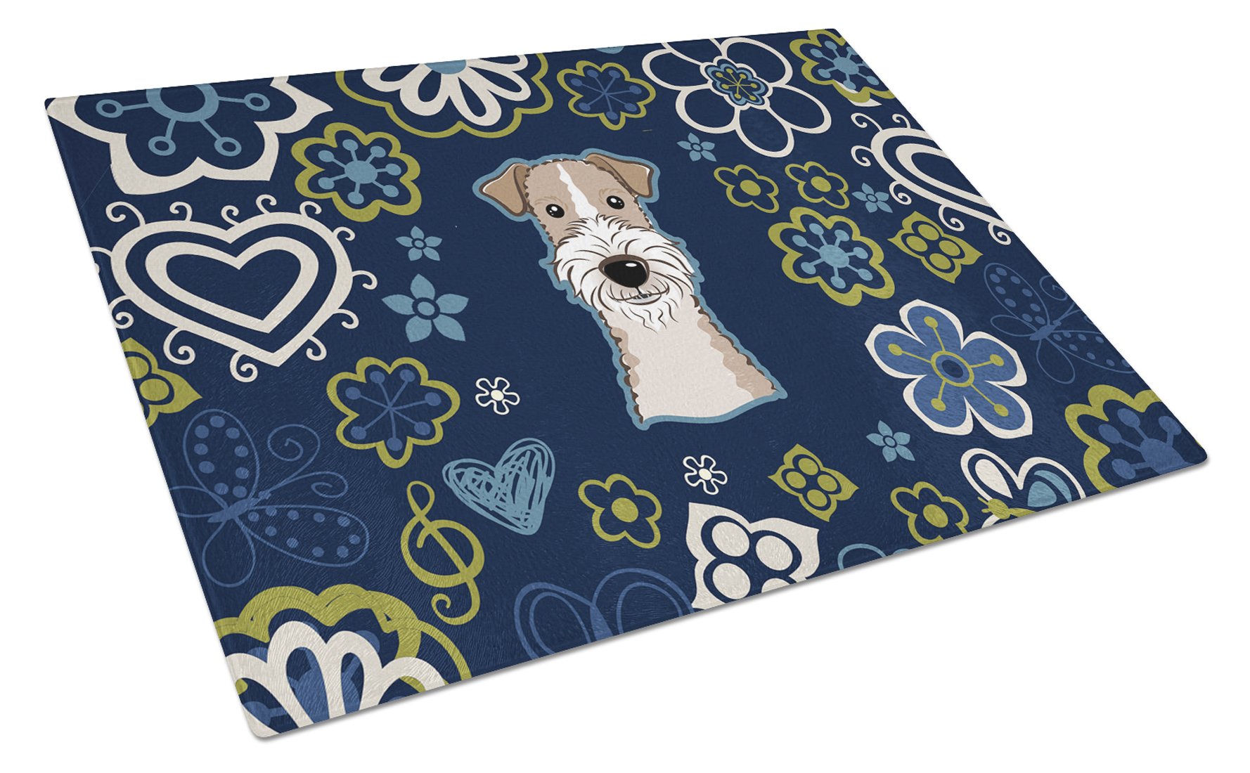 Blue Flowers Wire Haired Fox Terrier Glass Cutting Board Large BB5098LCB by Caroline's Treasures