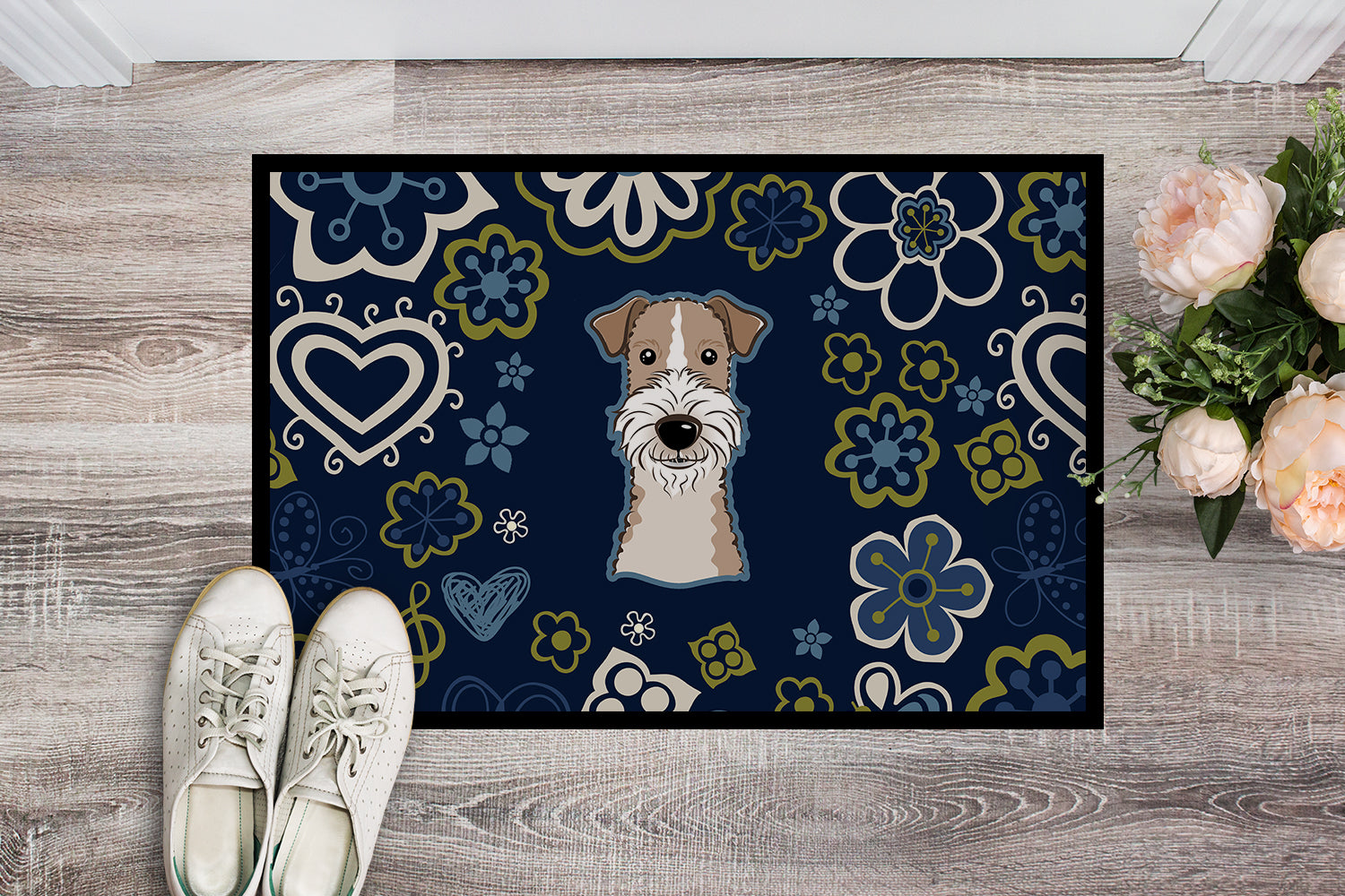 Blue Flowers Wire Haired Fox Terrier Indoor or Outdoor Mat 18x27 BB5098MAT - the-store.com