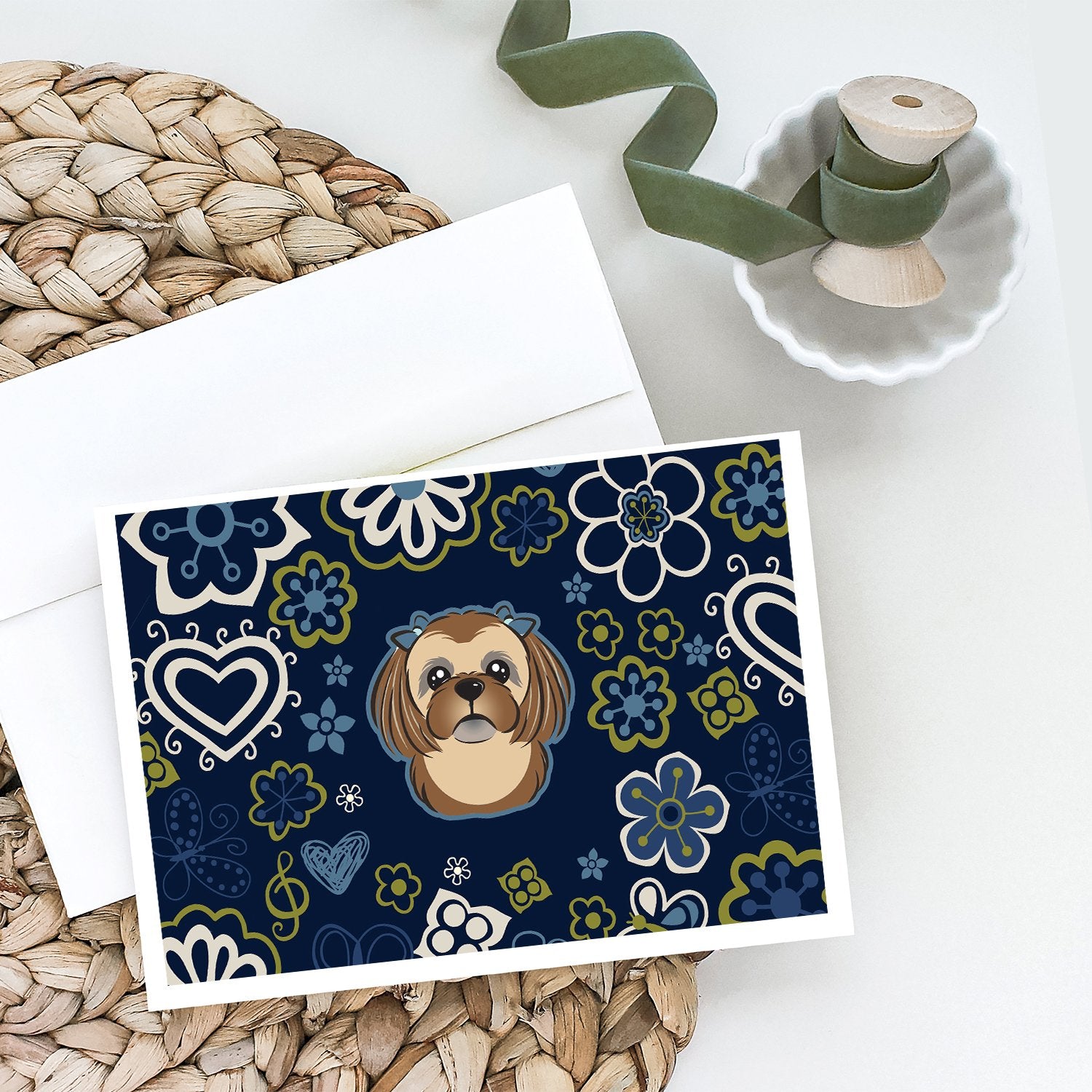 Blue Flowers Chocolate Brown Shih Tzu Greeting Cards and Envelopes Pack of 8 - the-store.com