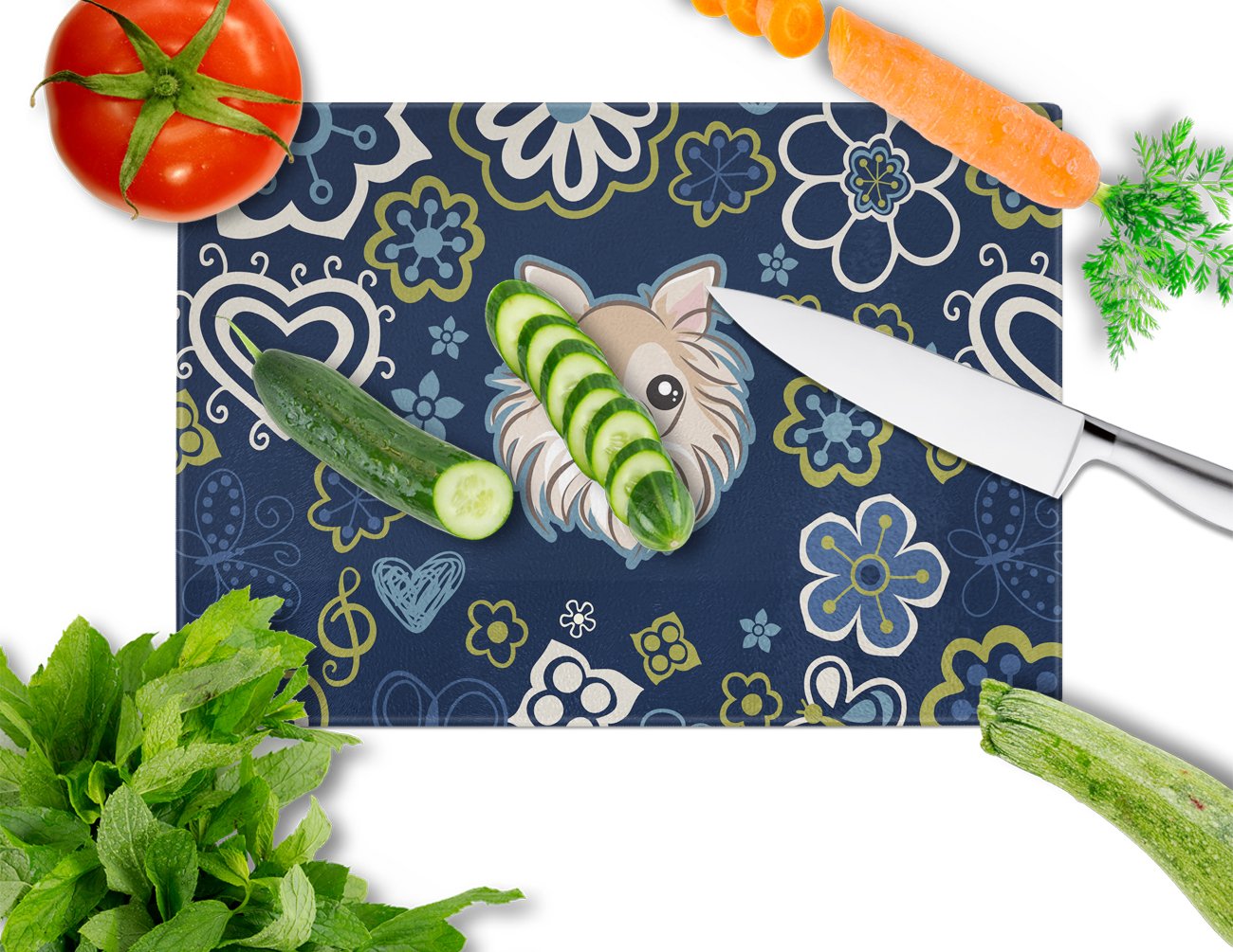 Blue Flowers Chihuahua Glass Cutting Board Large BB5102LCB by Caroline's Treasures