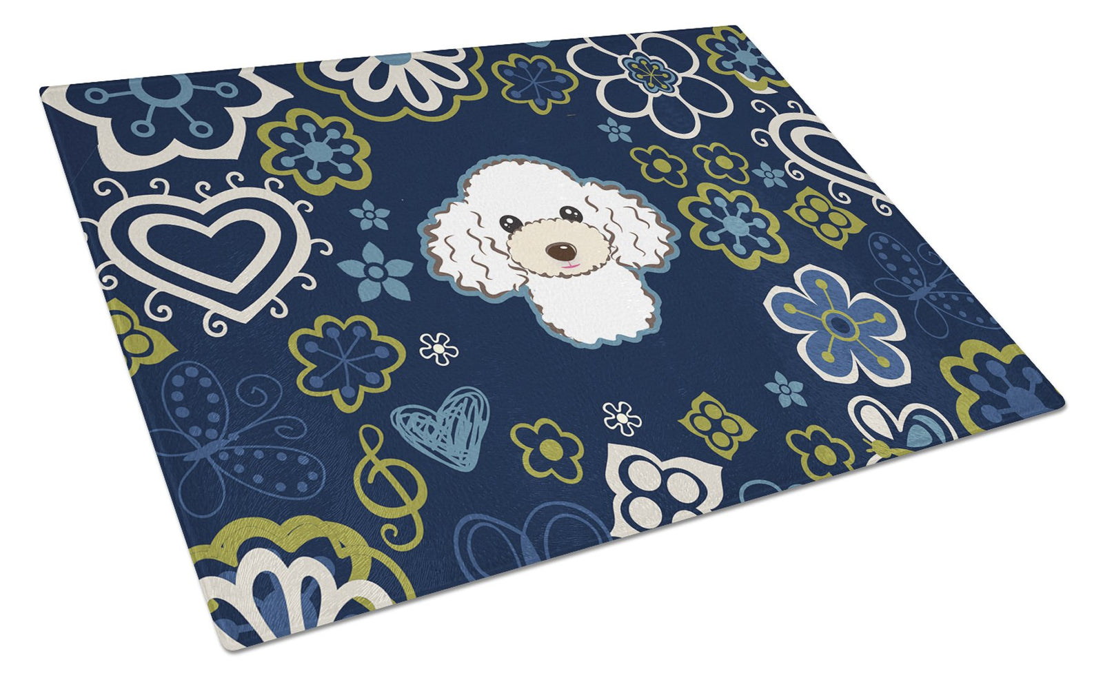 Blue Flowers White Poodle Glass Cutting Board Large BB5108LCB by Caroline's Treasures