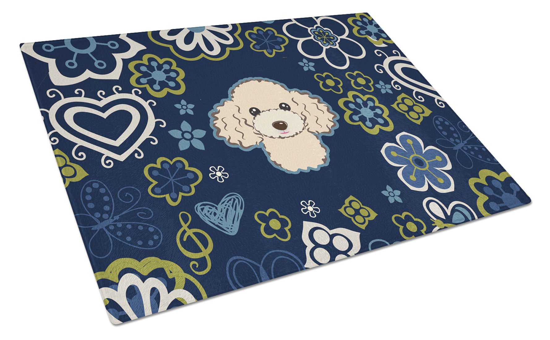 Blue Flowers Buff Poodle Glass Cutting Board Large BB5109LCB by Caroline's Treasures