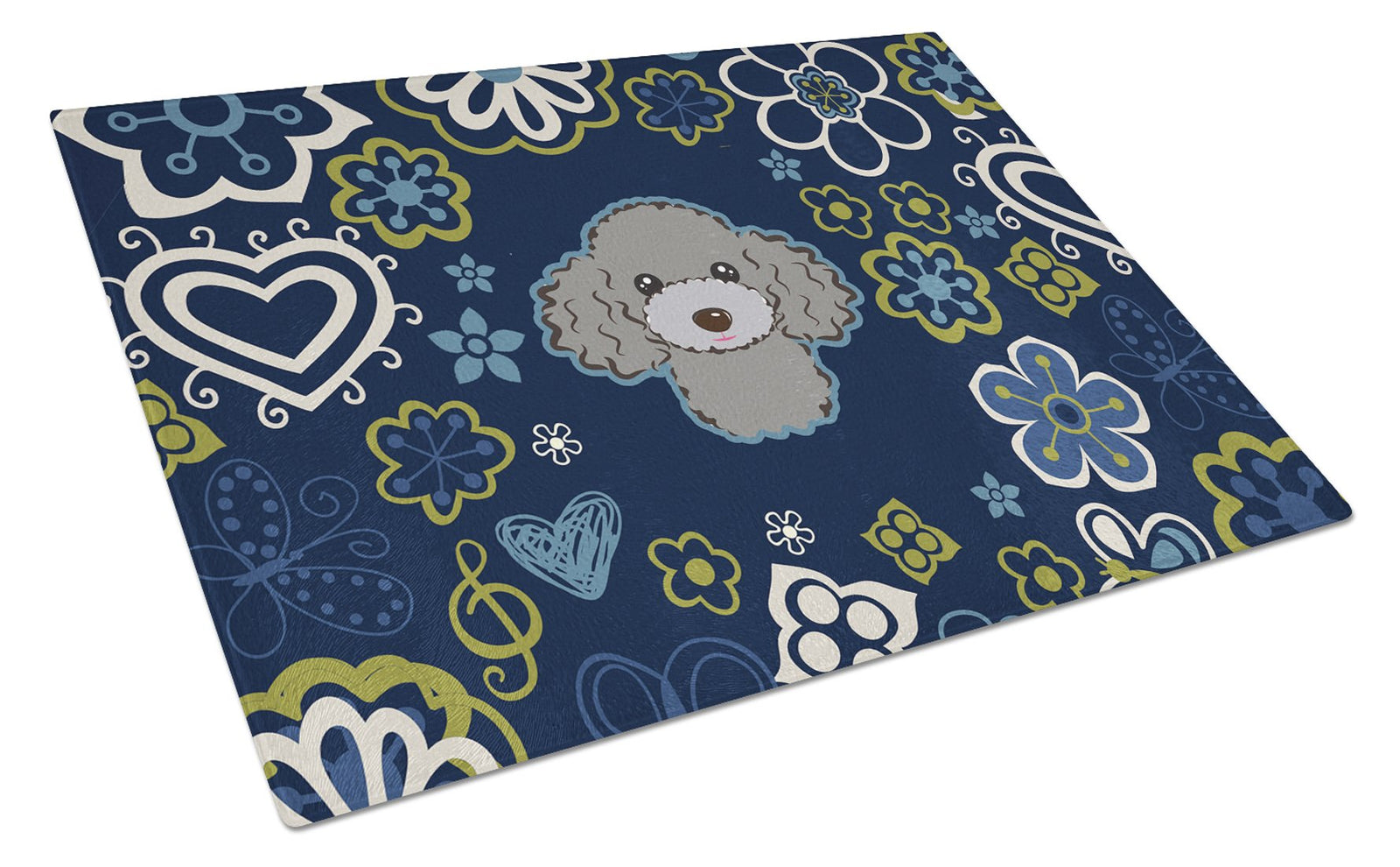 Blue Flowers Silver Gray Poodle Glass Cutting Board Large BB5110LCB by Caroline's Treasures