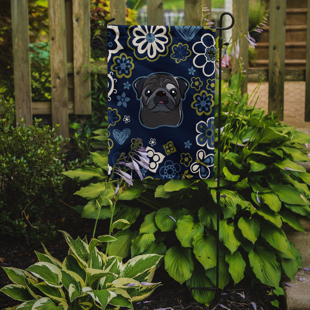 Blue Flowers Black Pug Flag Garden Size BB5114GF