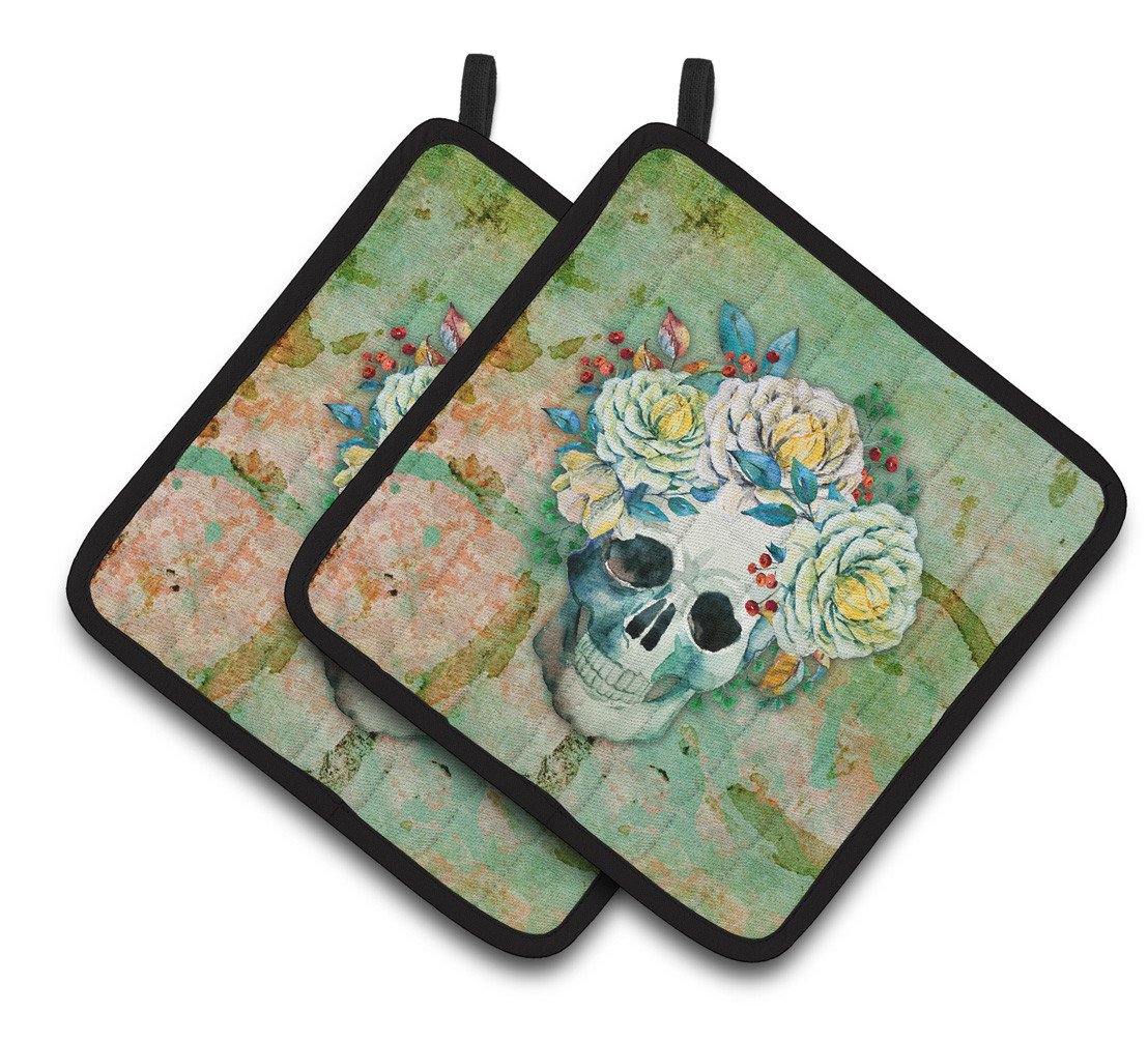 Day of the Dead Skull with Flowers Pair of Pot Holders BB5124PTHD by Caroline's Treasures