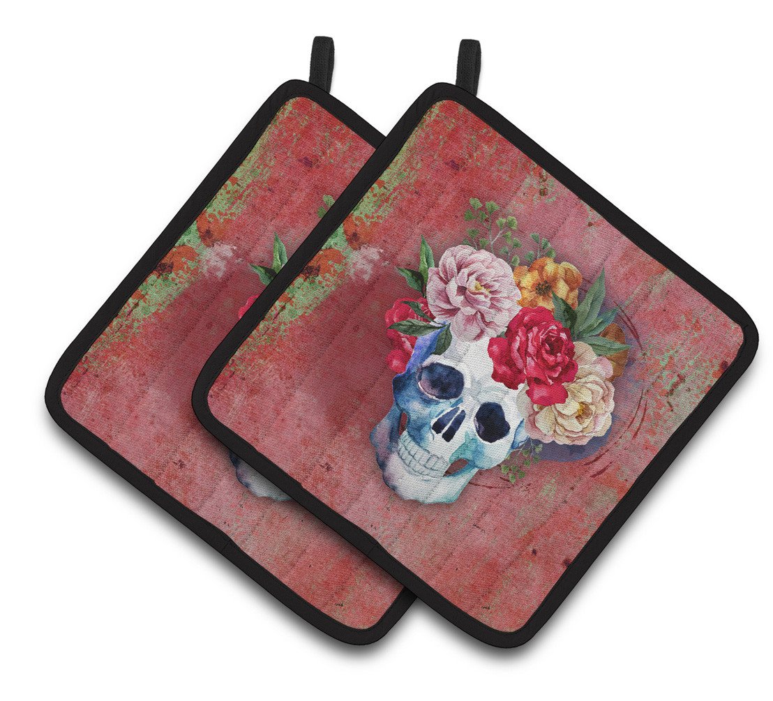 Day of the Dead Red Flowers Skull  Pair of Pot Holders BB5130PTHD by Caroline's Treasures