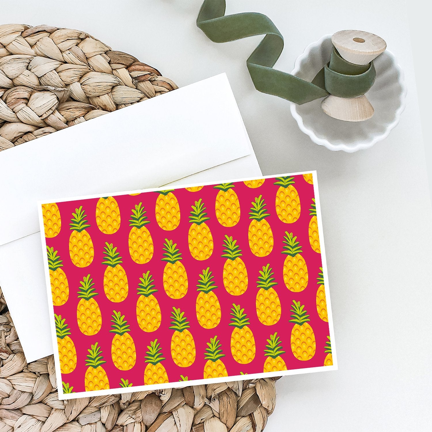 Pineapples on Pink Greeting Cards and Envelopes Pack of 8 - the-store.com
