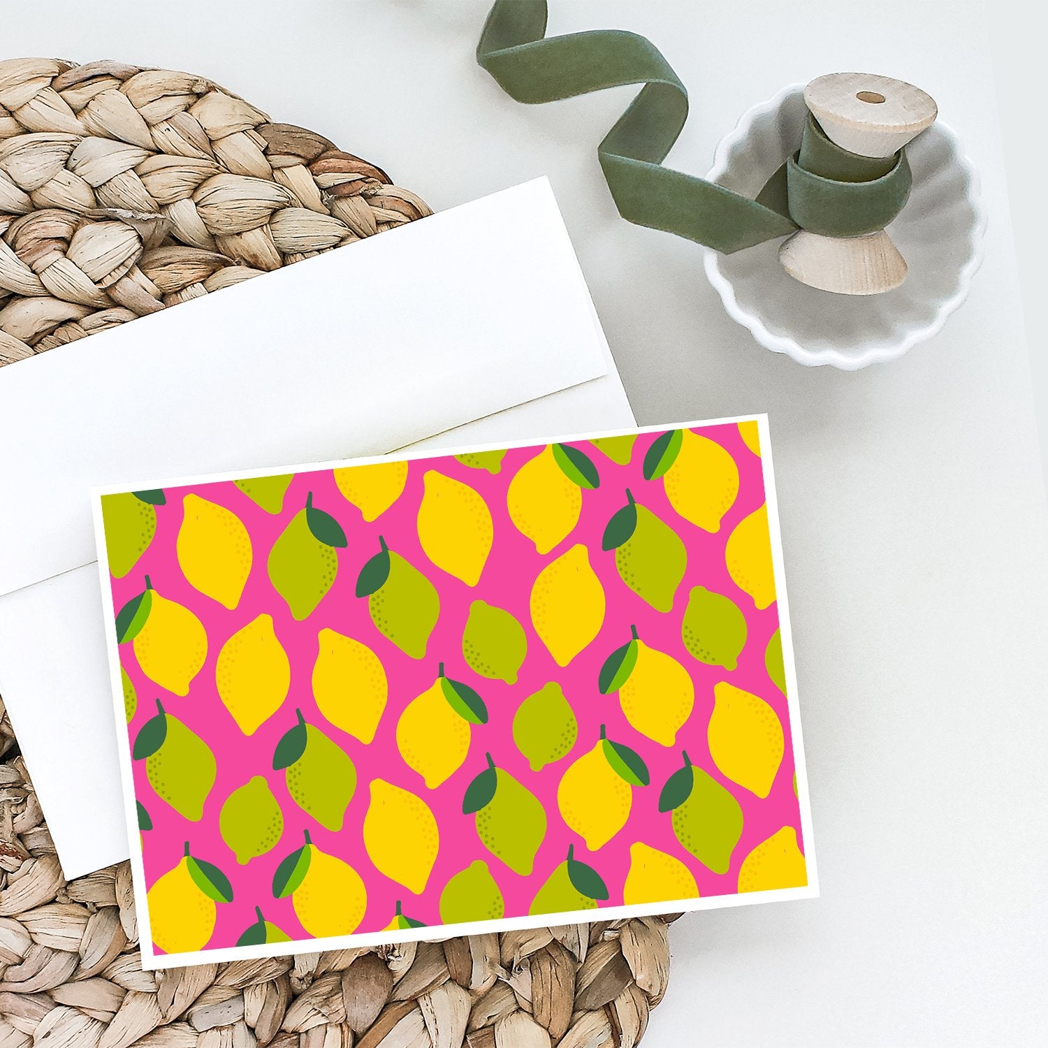 Buy this Lemons and Limes on Pink Greeting Cards and Envelopes Pack of 8