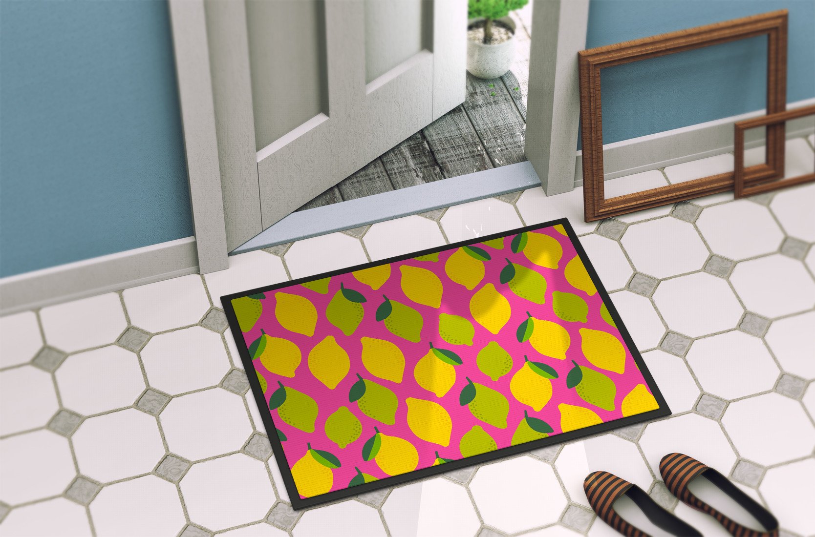 Lemons and Limes on Pink Indoor or Outdoor Mat 24x36 BB5143JMAT by Caroline's Treasures