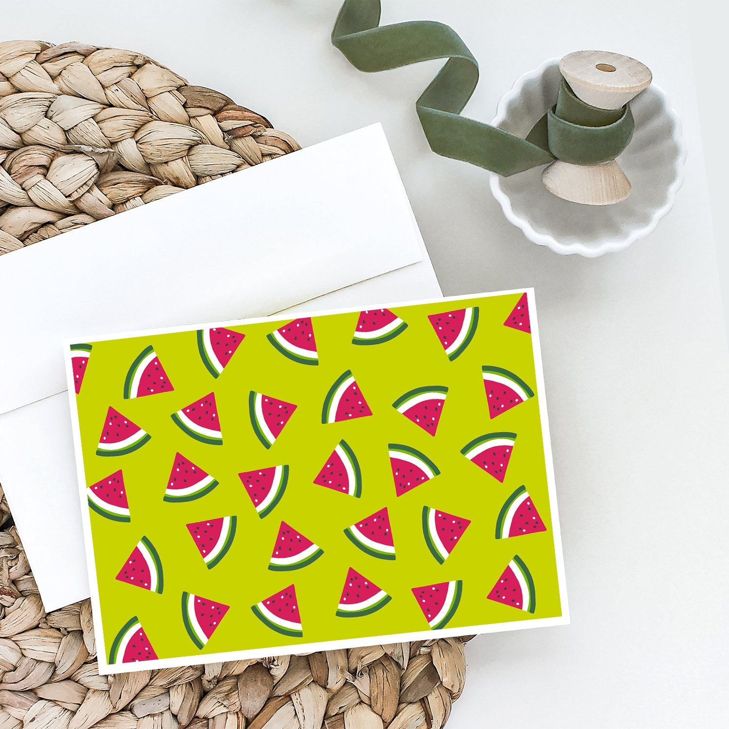 Watermelon on Lime Green Greeting Cards and Envelopes Pack of 8 - the-store.com